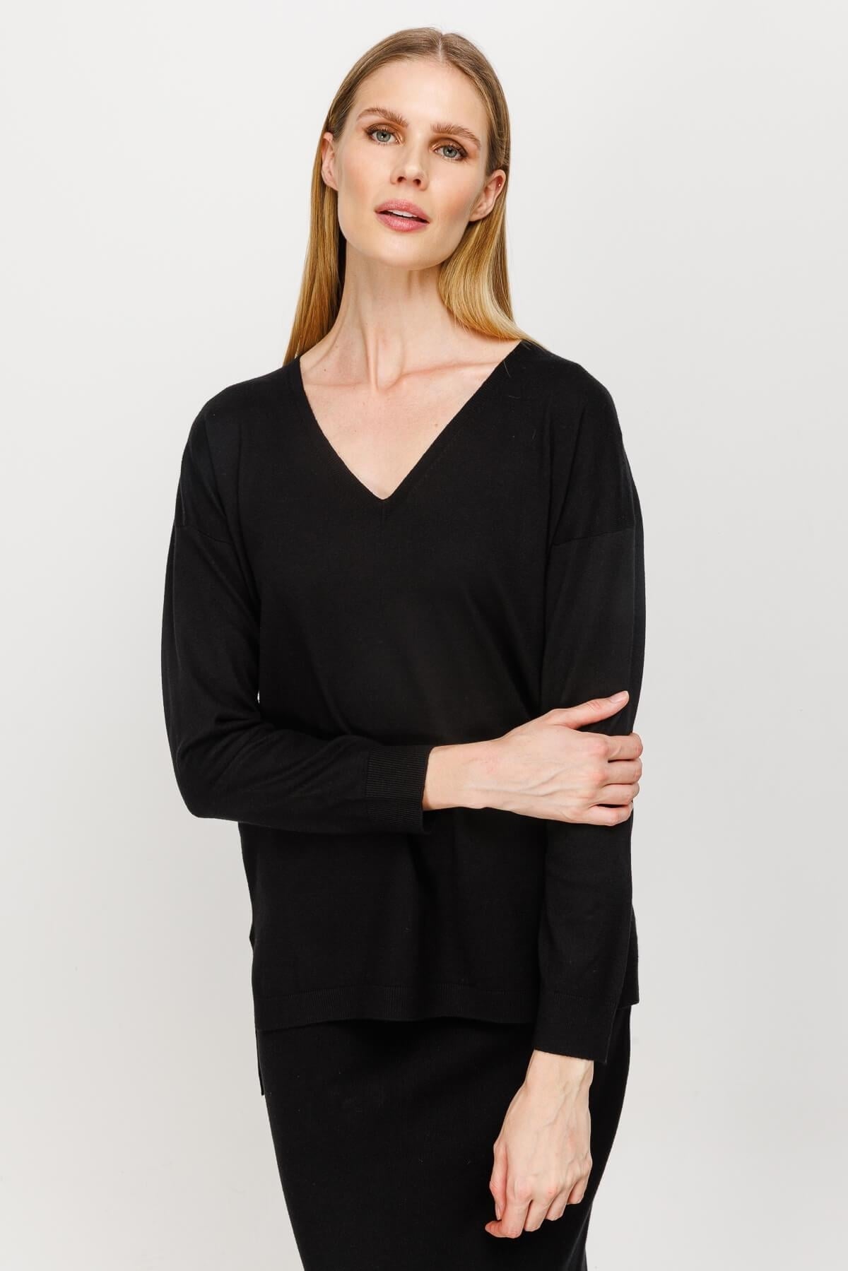 Mutlu Ertan Kadın V Yaka Basic Triko Bluz Siyah 20061
