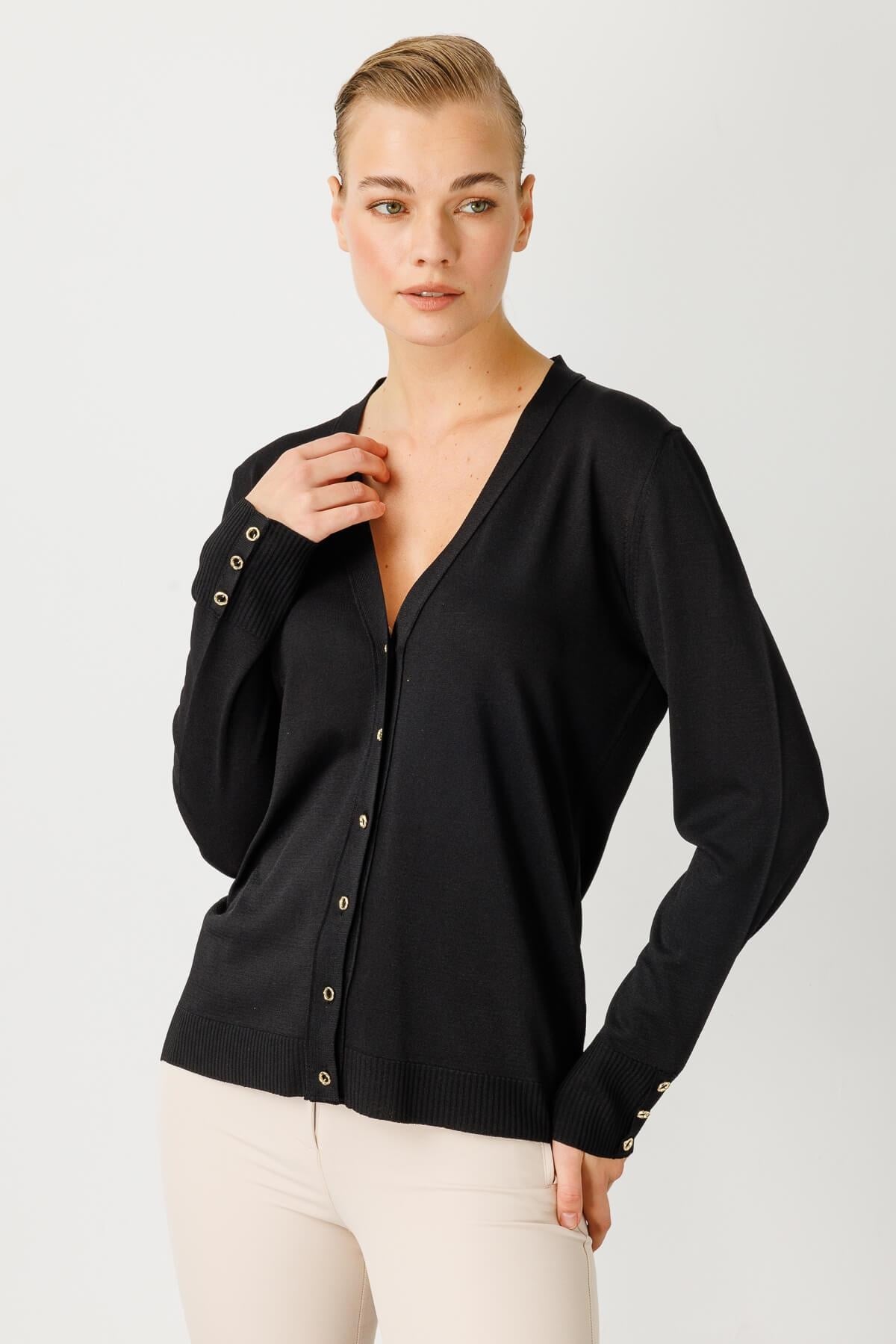 Mutlu Ertan Kadın V Yaka Basic Triko Hırka Siyah 20114