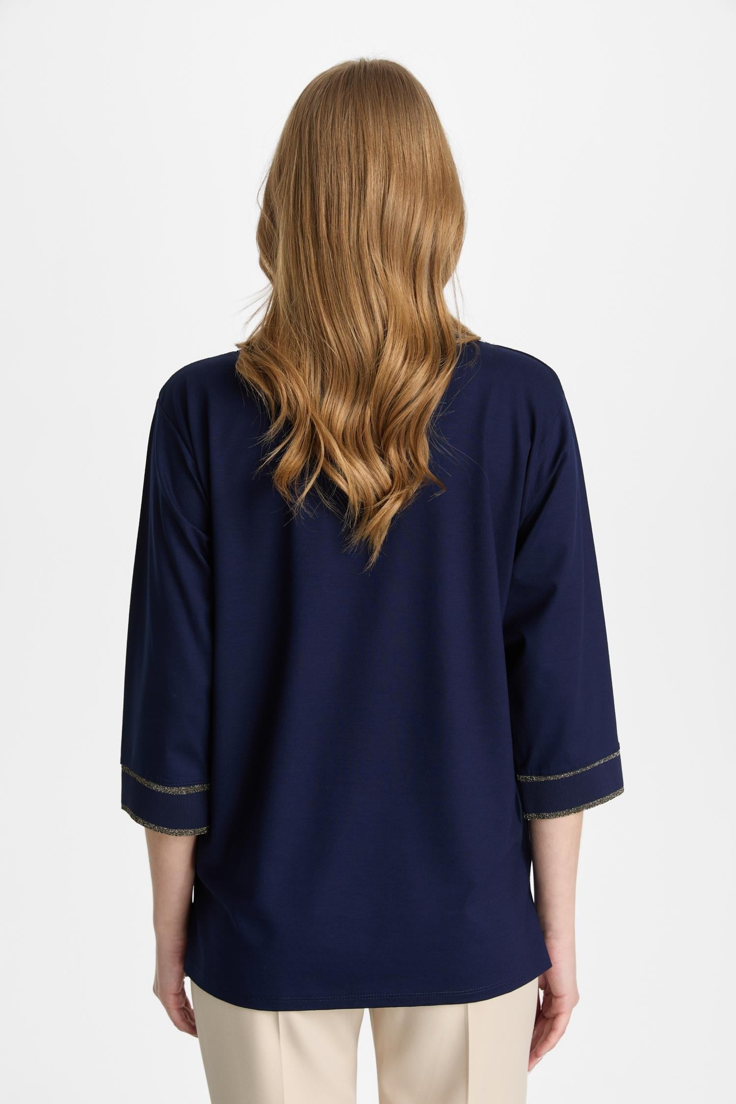 Mutlu Ertan Kadın V Yaka Ribanalı Bluz Lacivert - Gold 30456