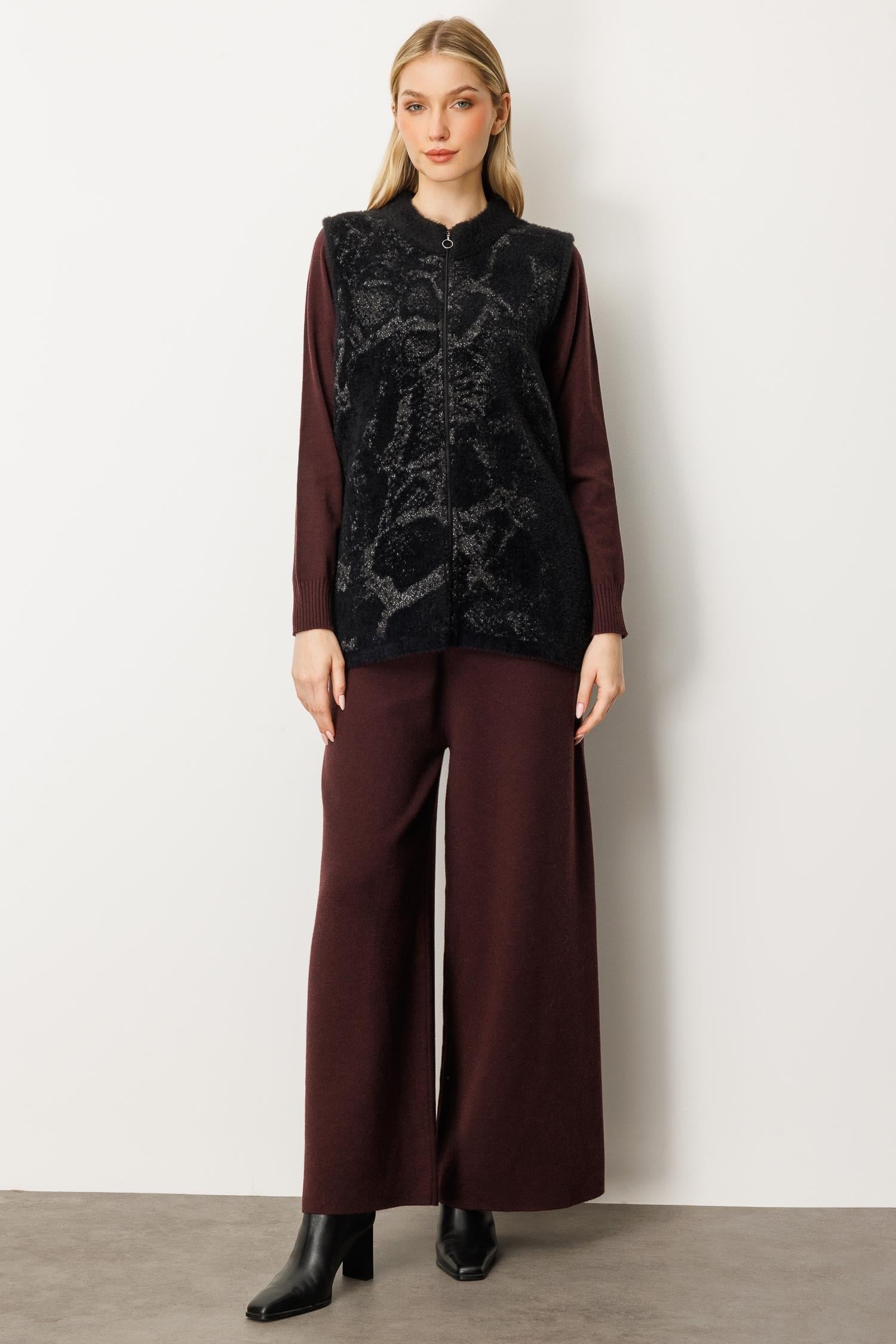 Mutlu Ertan Kadın Yılan Desen  Triko Yelek Siyah-Füme 20196