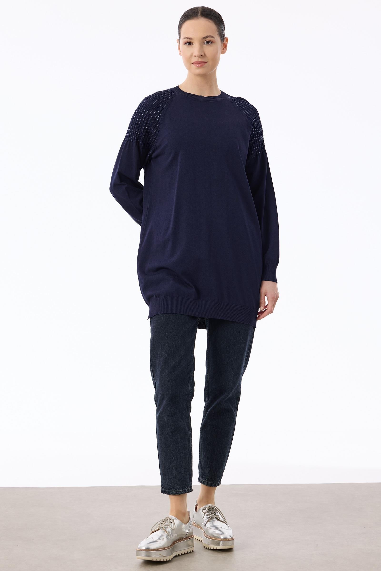 Omuzlar Taş Baskılı Rayon Tunik LACİVERT