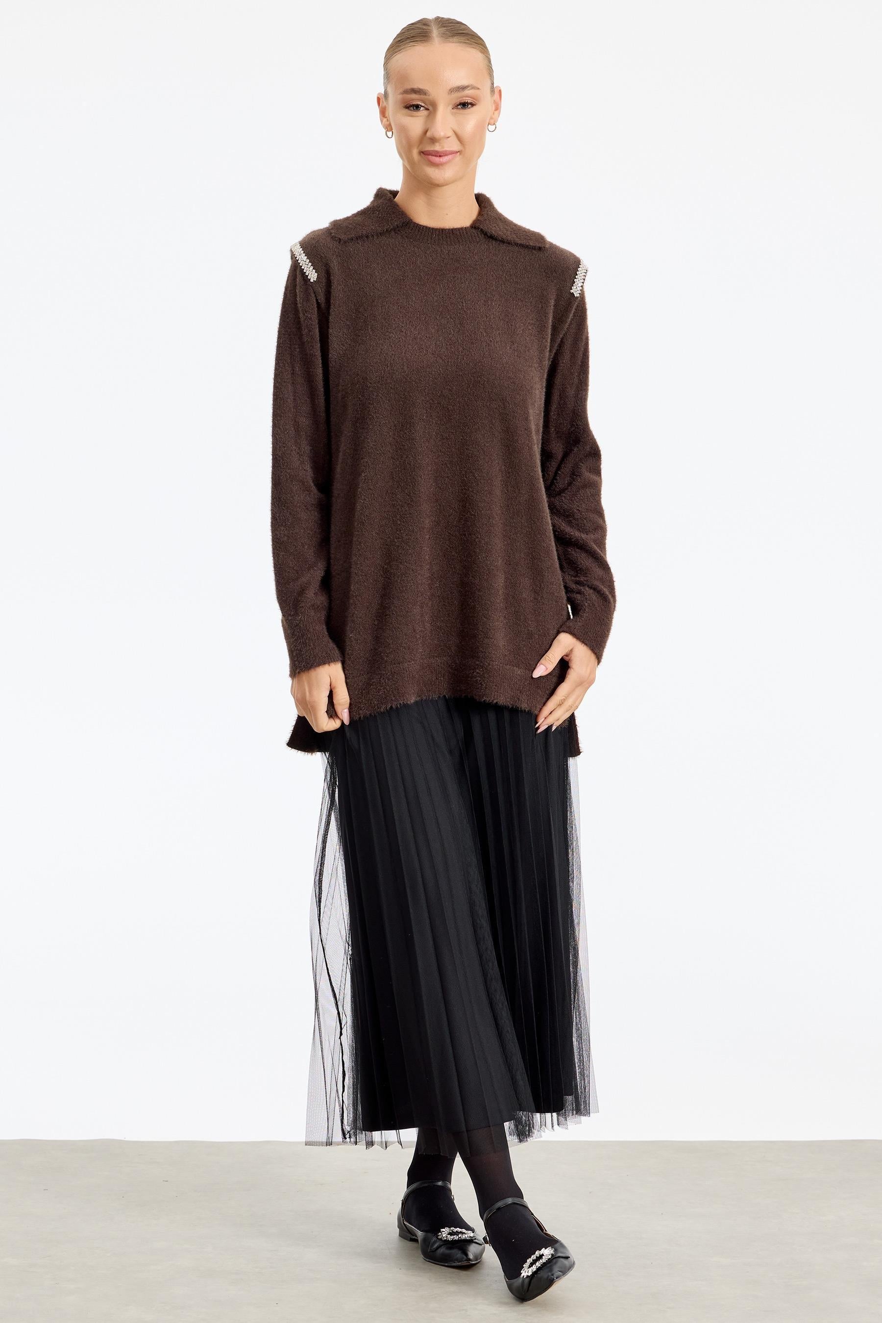 Omuzları Taş Detaylı Tunik KAHVE