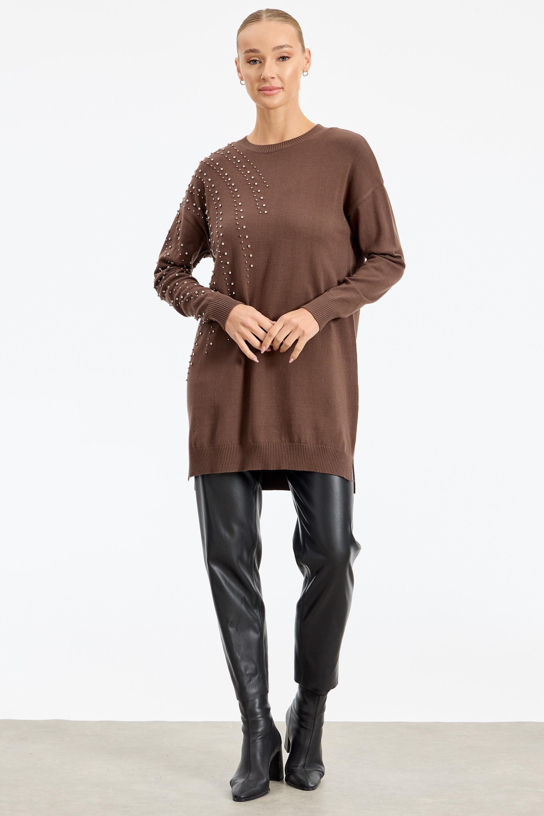 Omuzu Ve Kolu Taş Detaylı Tunik KAHVE