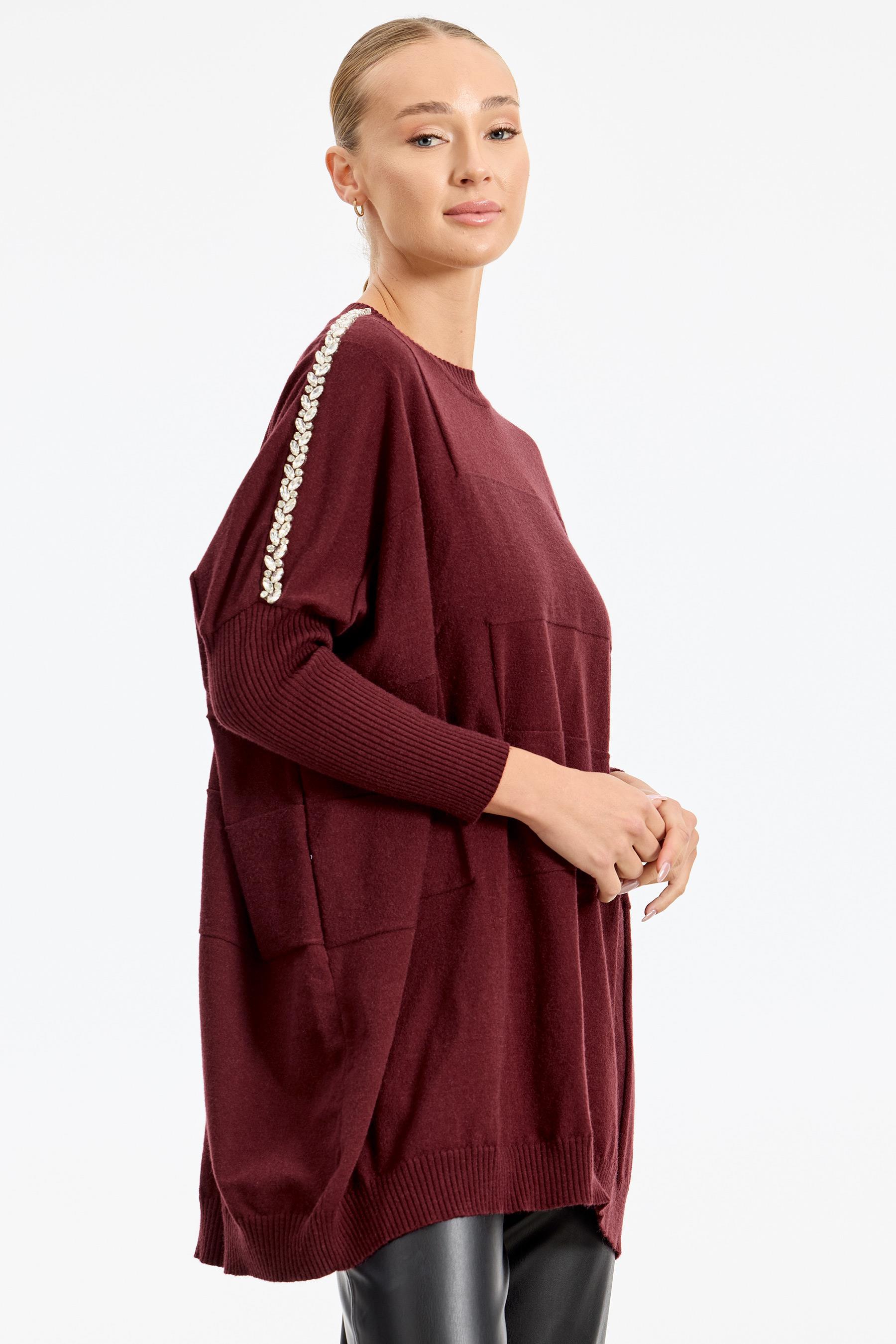 Omzu Yapıştırma Taşlı Yarasa Kollu Triko Tunik BORDO