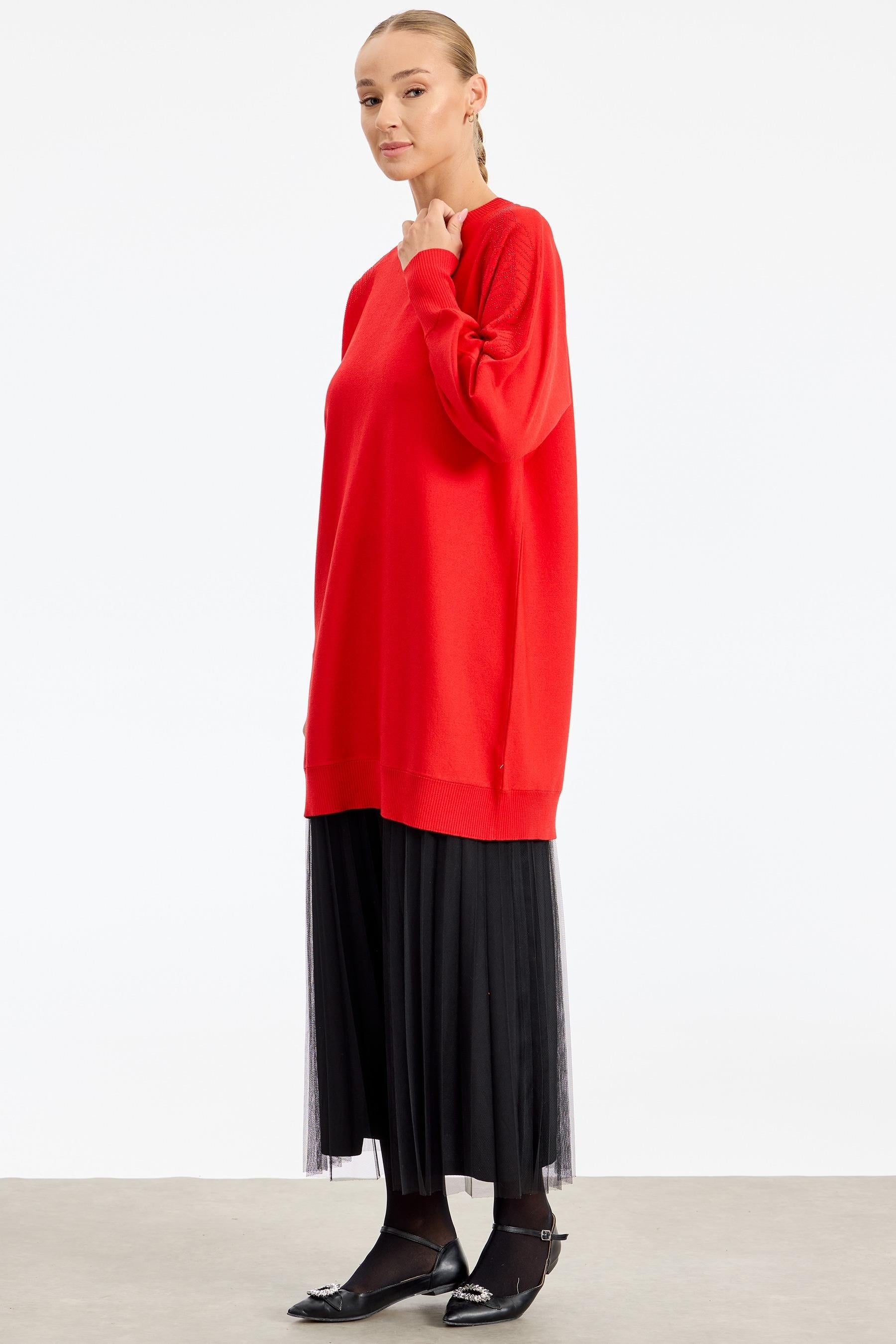 Omzu Yaprak Taş Baskılı Rayon Tunik KIRMIZI