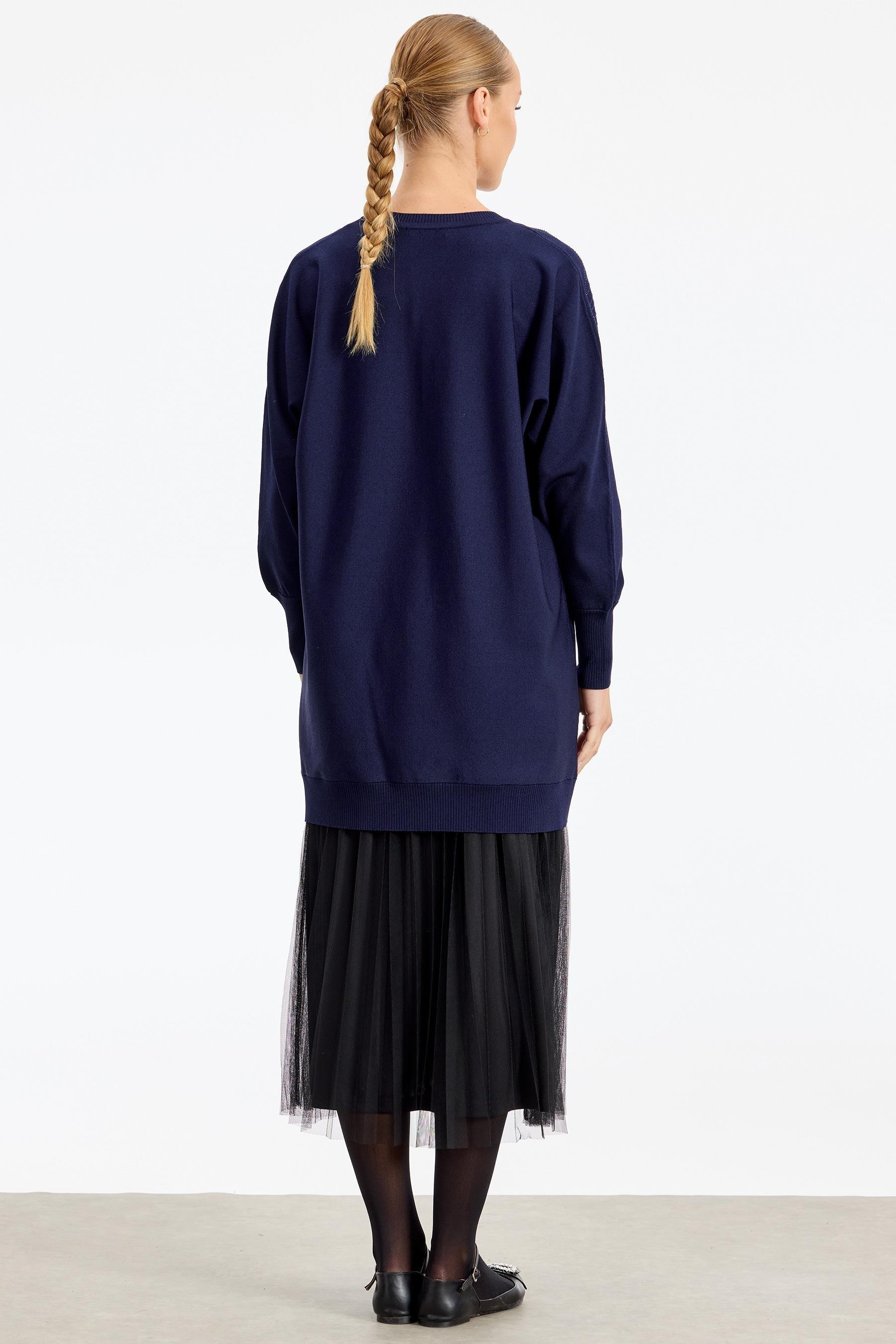 Omzu Yaprak Taş Baskılı Rayon Tunik LACİVERT