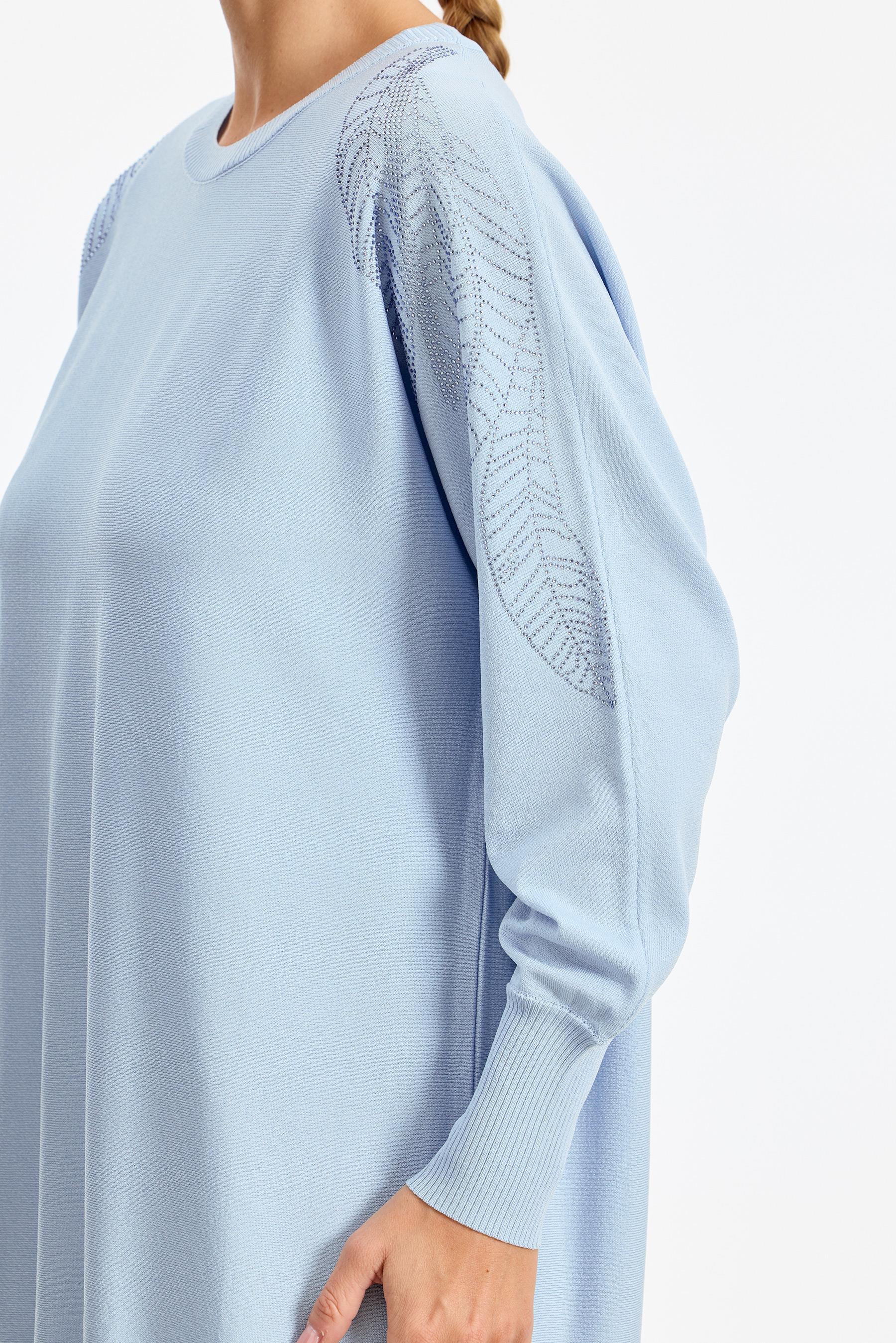Omzu Yaprak Taş Baskılı Rayon Tunik MAVİ