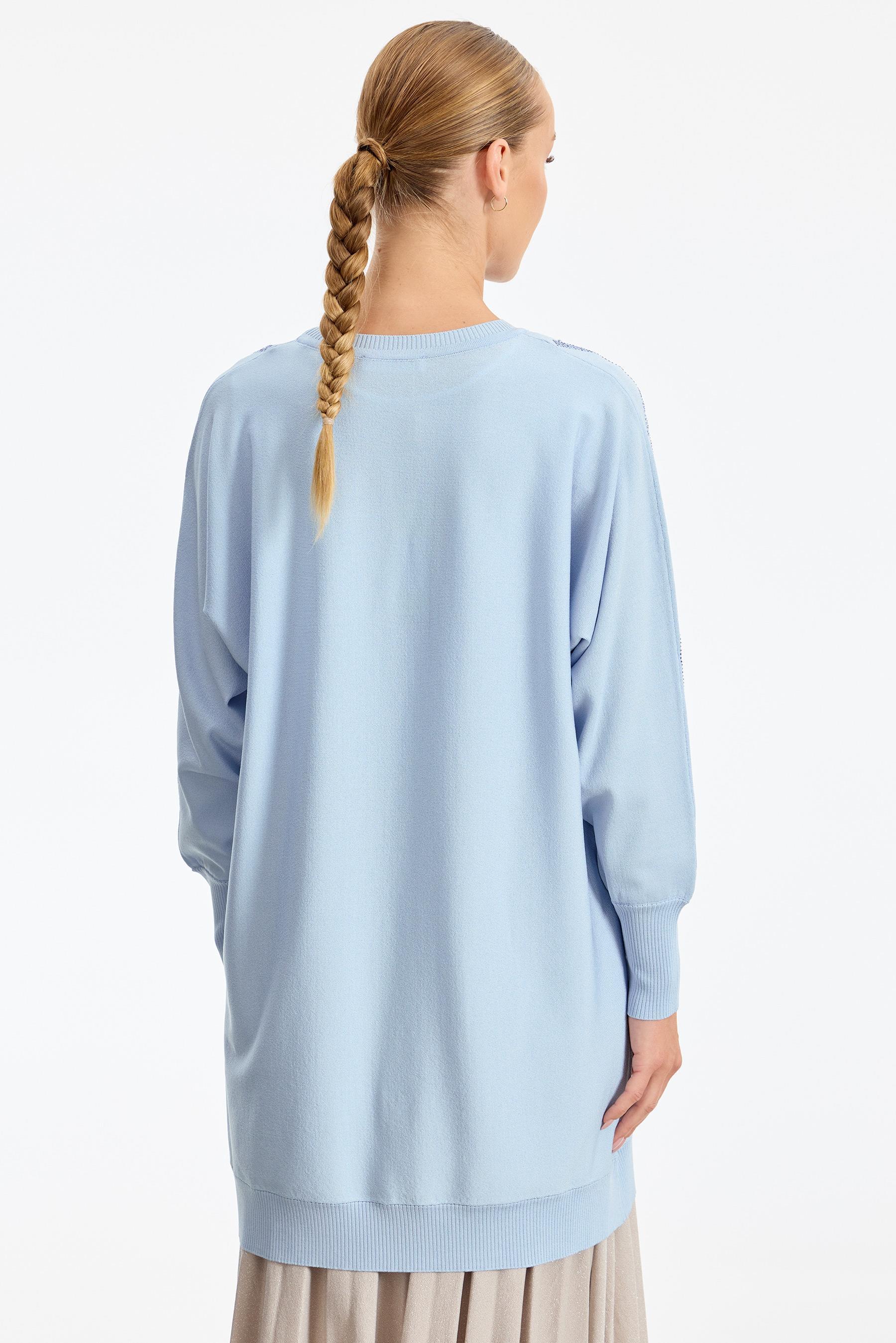 Omzu Yaprak Taş Baskılı Rayon Tunik MAVİ