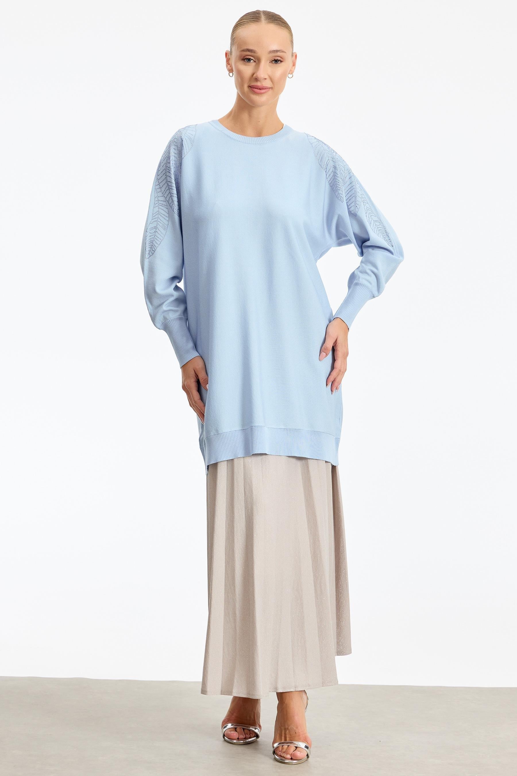 Omzu Yaprak Taş Baskılı Rayon Tunik MAVİ