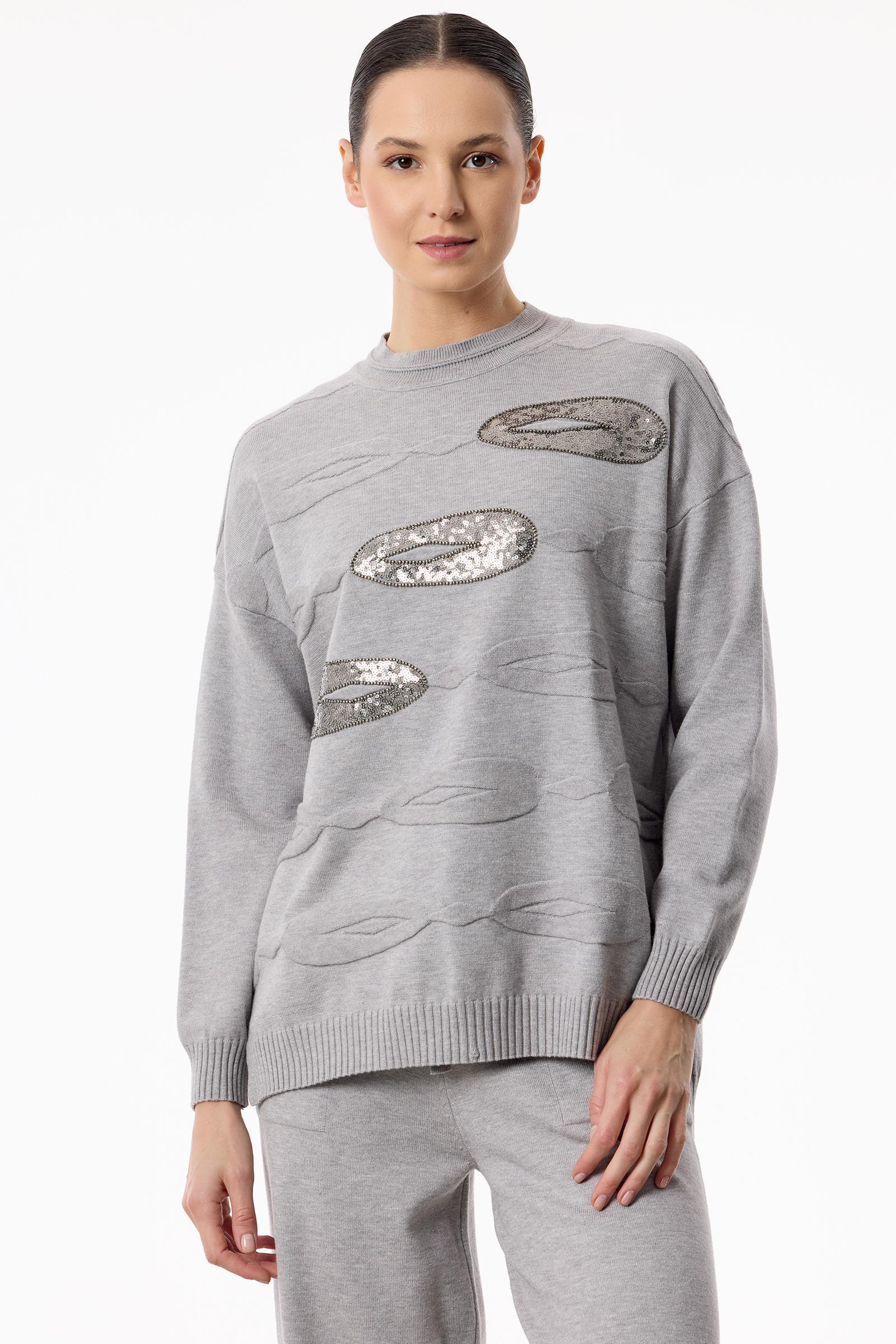 Önü Payet Detaylı Pantolonlu Triko Takım GRİ