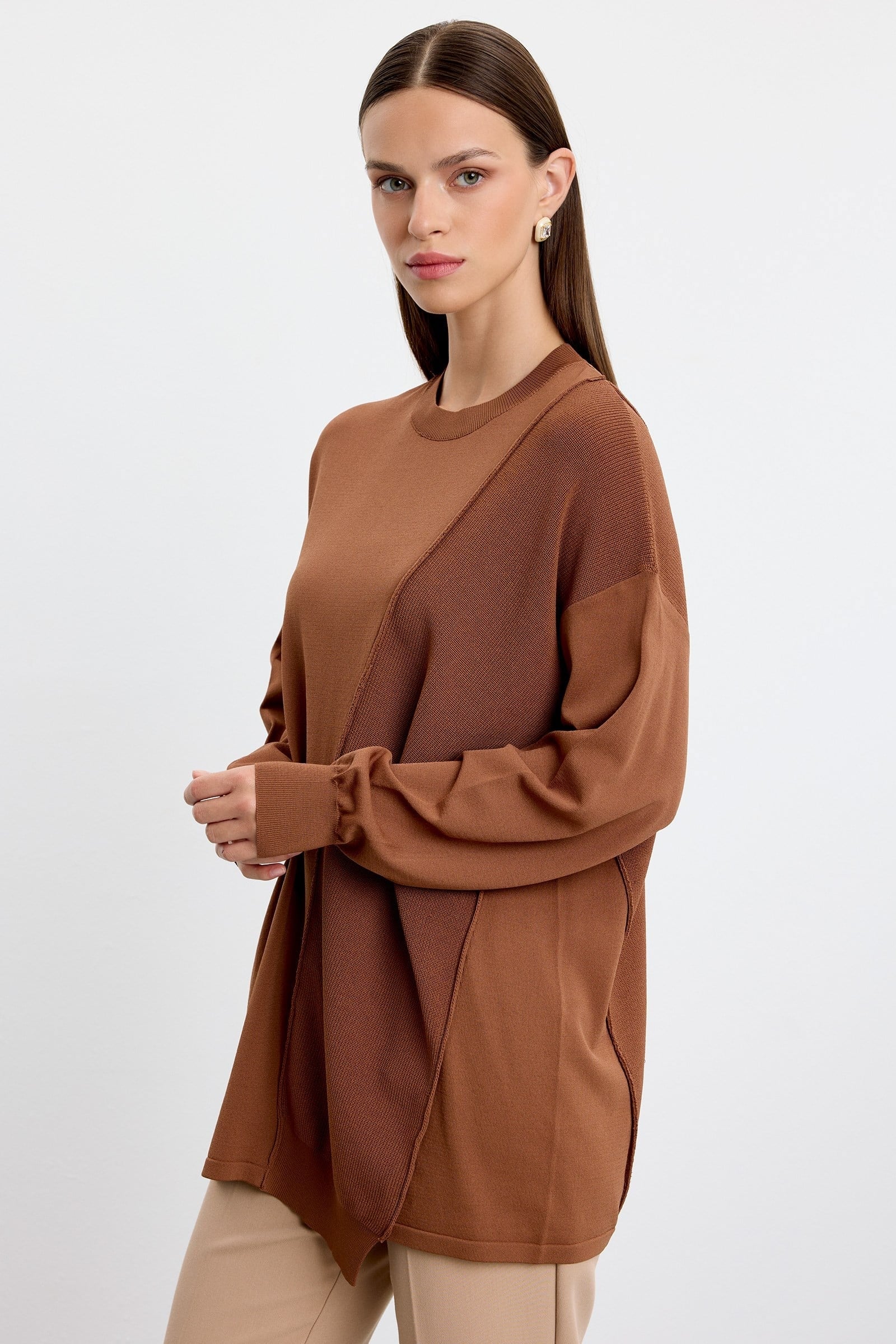 Örgü Detaylı Rayon Tunik KAHVE
