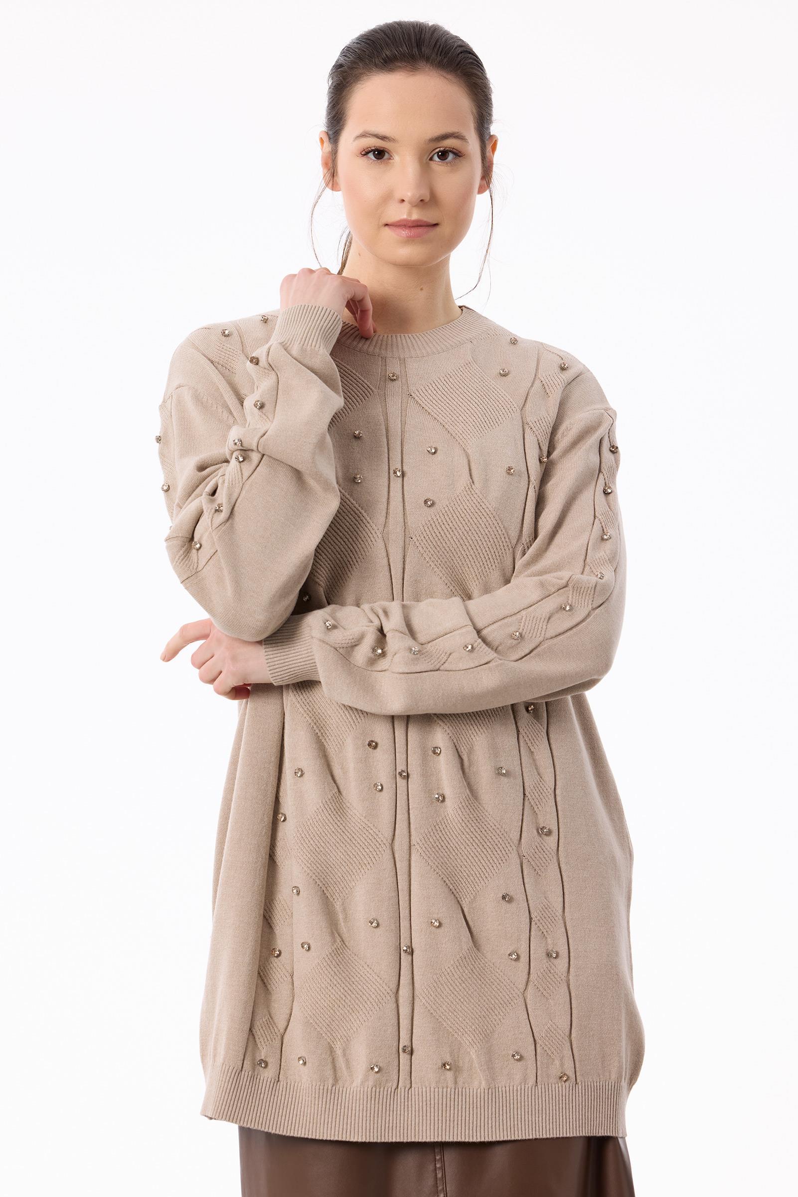 Örgü Detaylı Taşlı Triko Tunik BEJ