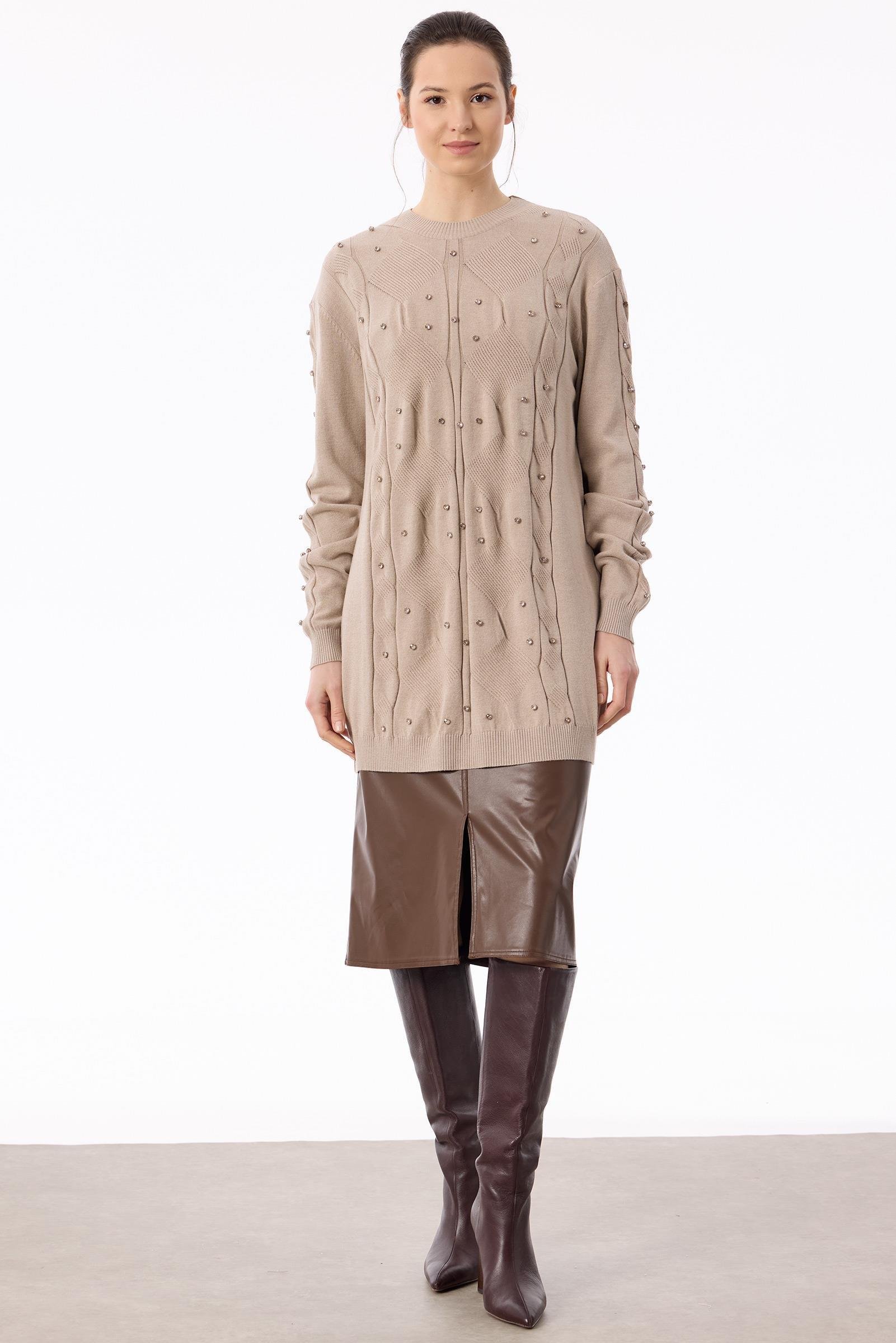 Örgü Detaylı Taşlı Triko Tunik BEJ