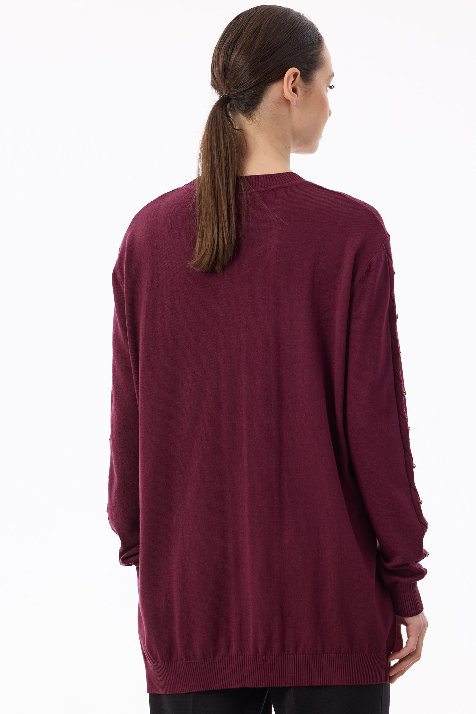 Örgü Detaylı Taşlı Triko Tunik BORDO