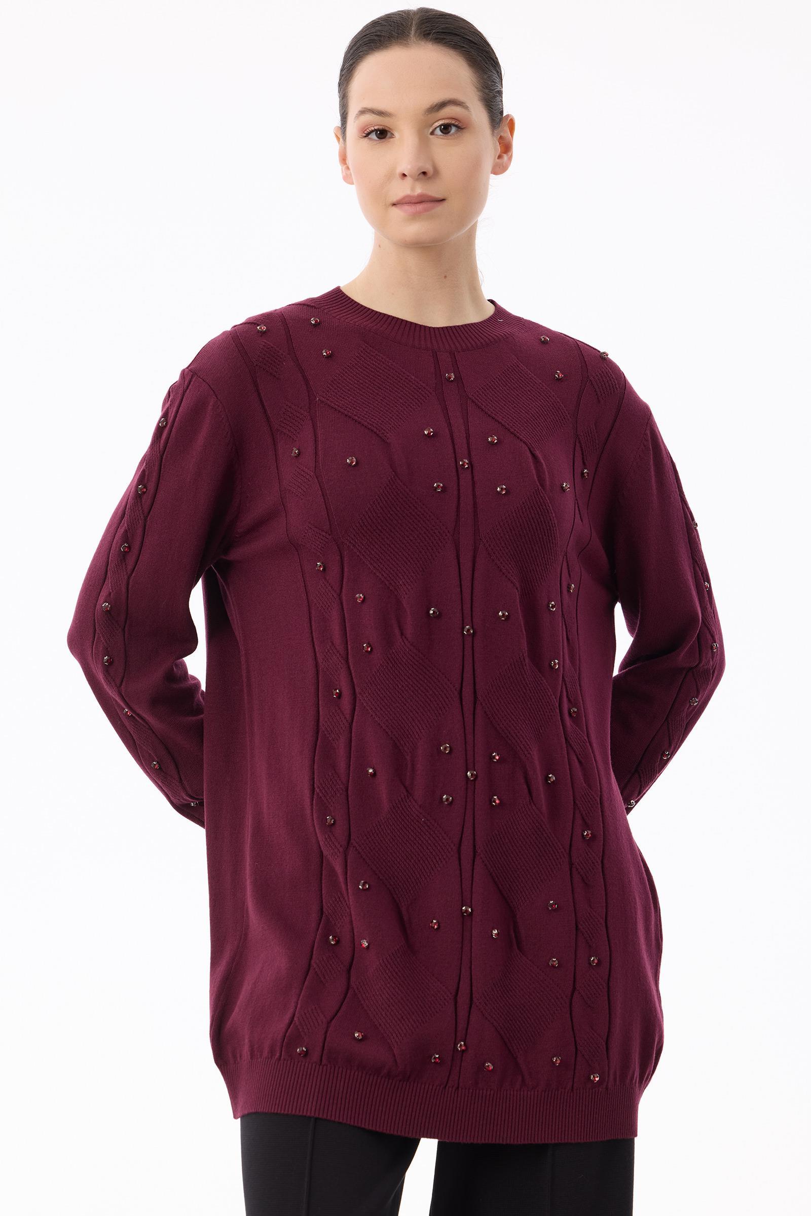 Örgü Detaylı Taşlı Triko Tunik BORDO