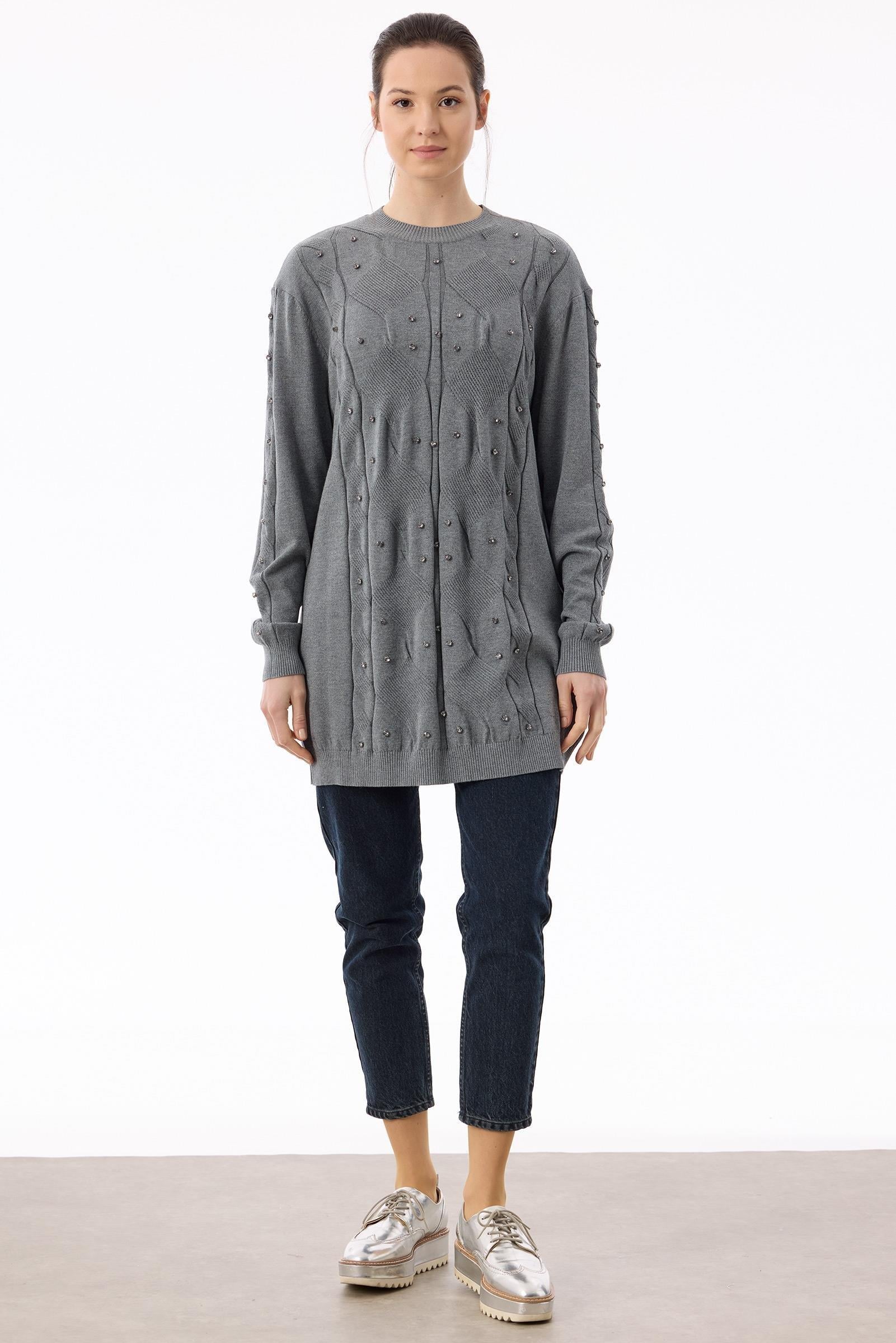 Örgü Detaylı Taşlı Triko Tunik GRİ