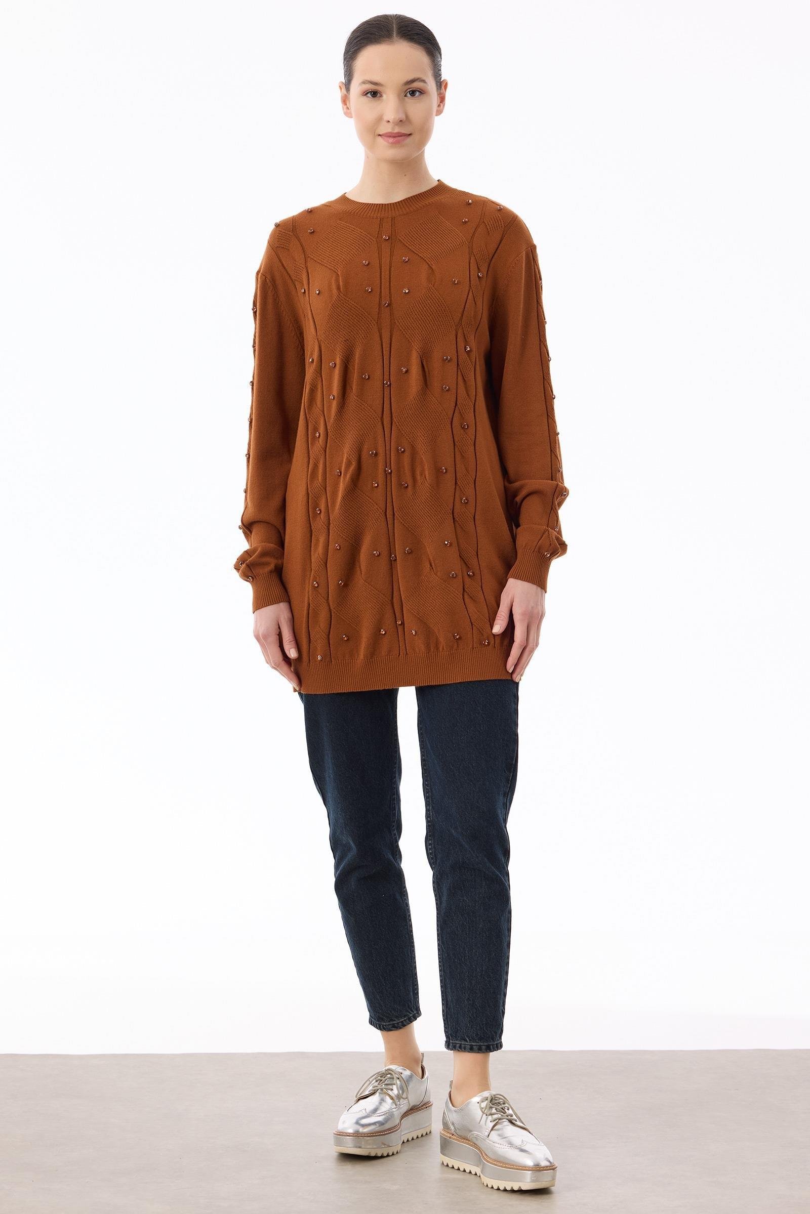 Örgü Detaylı Taşlı Triko Tunik KREMİT