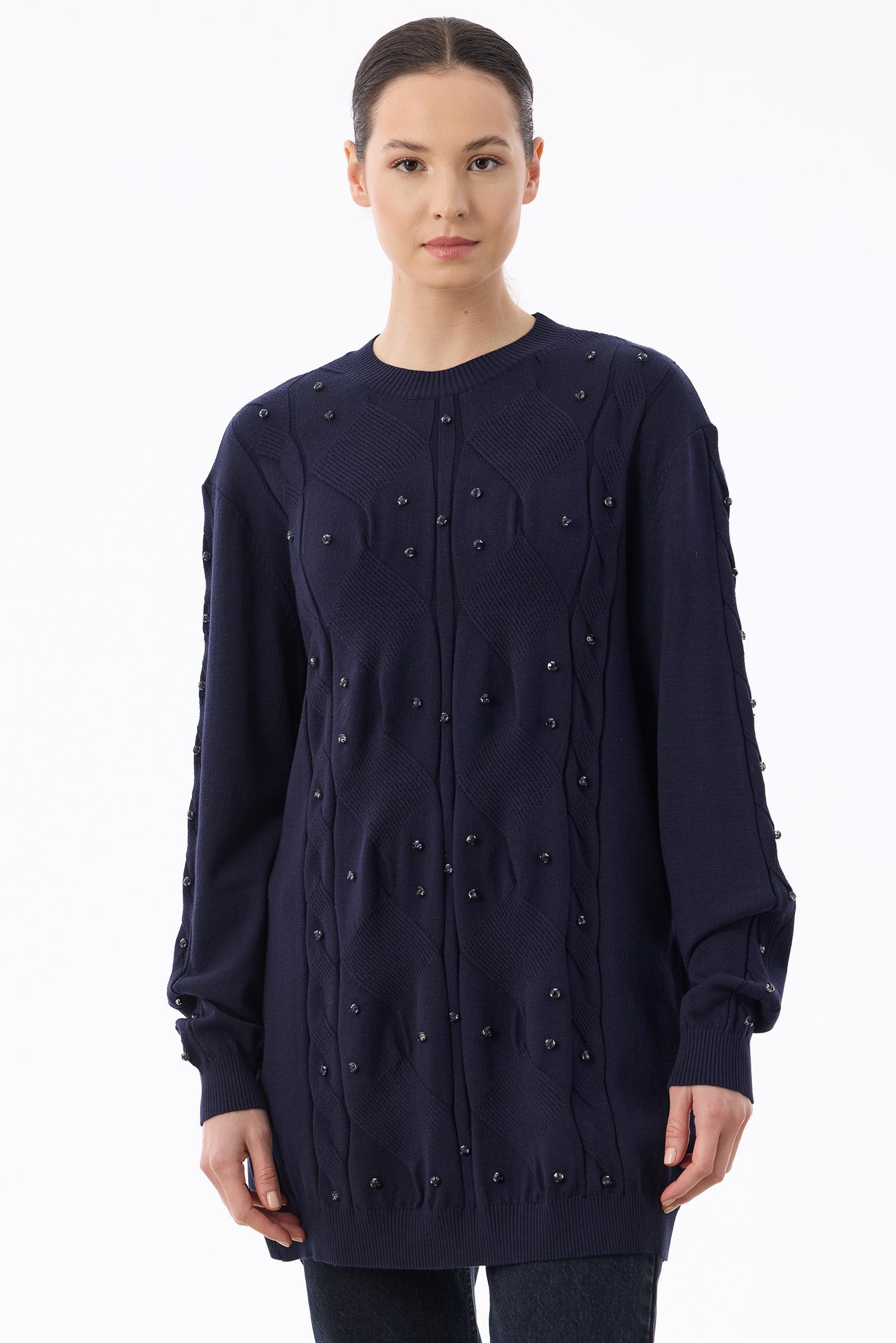 Örgü Detaylı Taşlı Triko Tunik LACİVERT