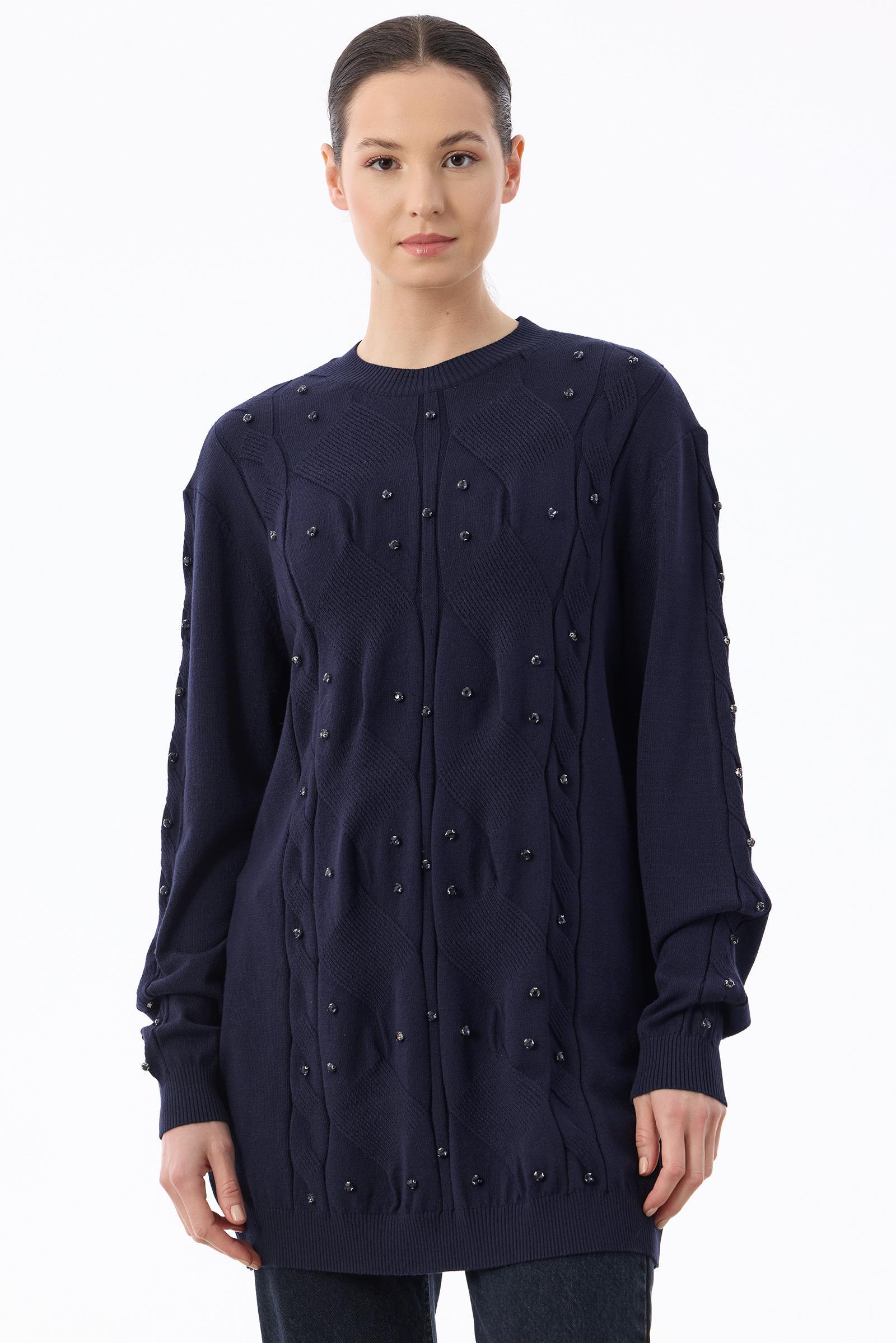 Örgü Detaylı Taşlı Triko Tunik LACİVERT