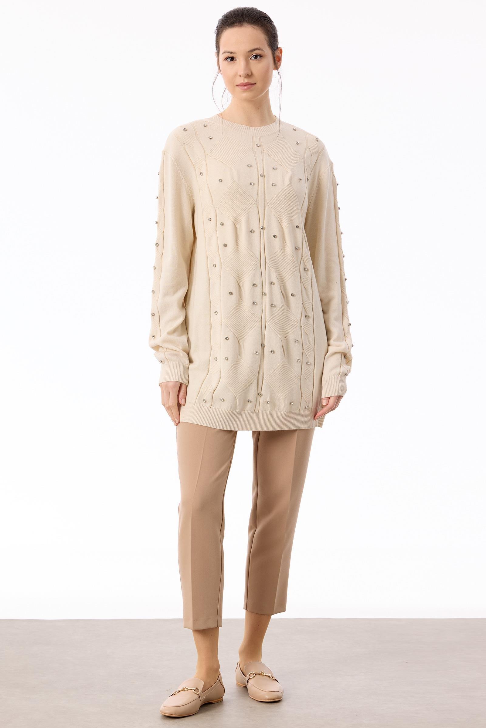 Örgü Detaylı Taşlı Triko Tunik VANİLYA