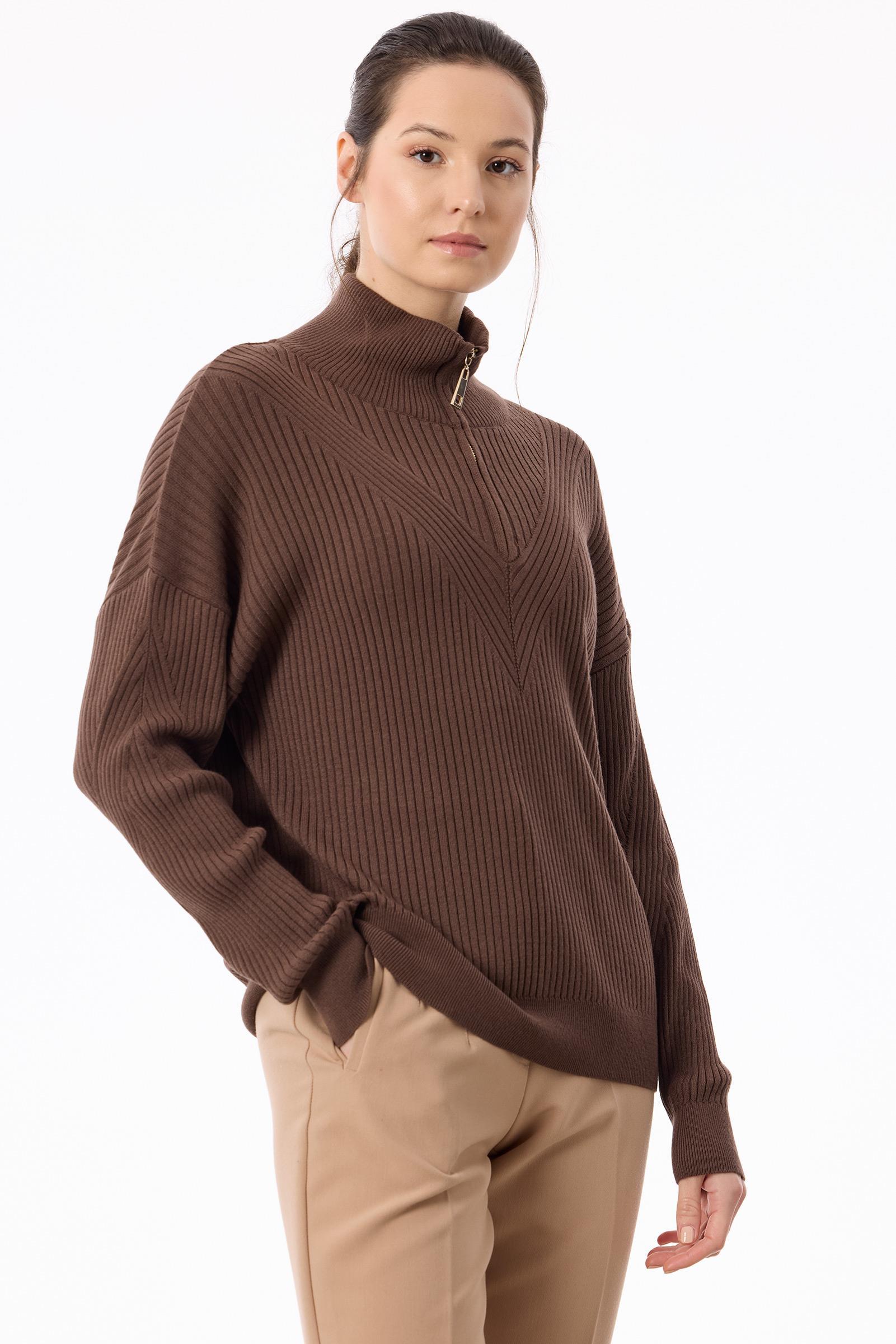 Örgü Detaylı Yüksek Yakalı Triko Bluz KAHVE