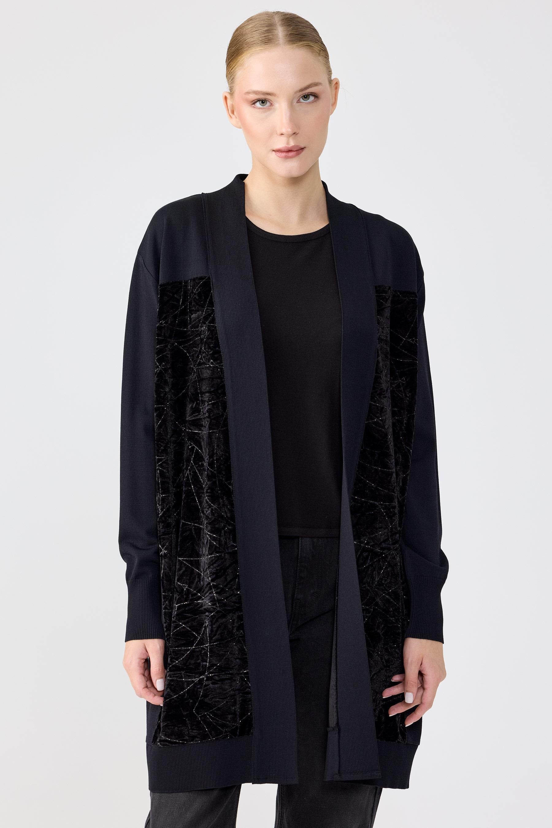 Pırıltı Kadife Kombinli Rayon Hırka SİYAH