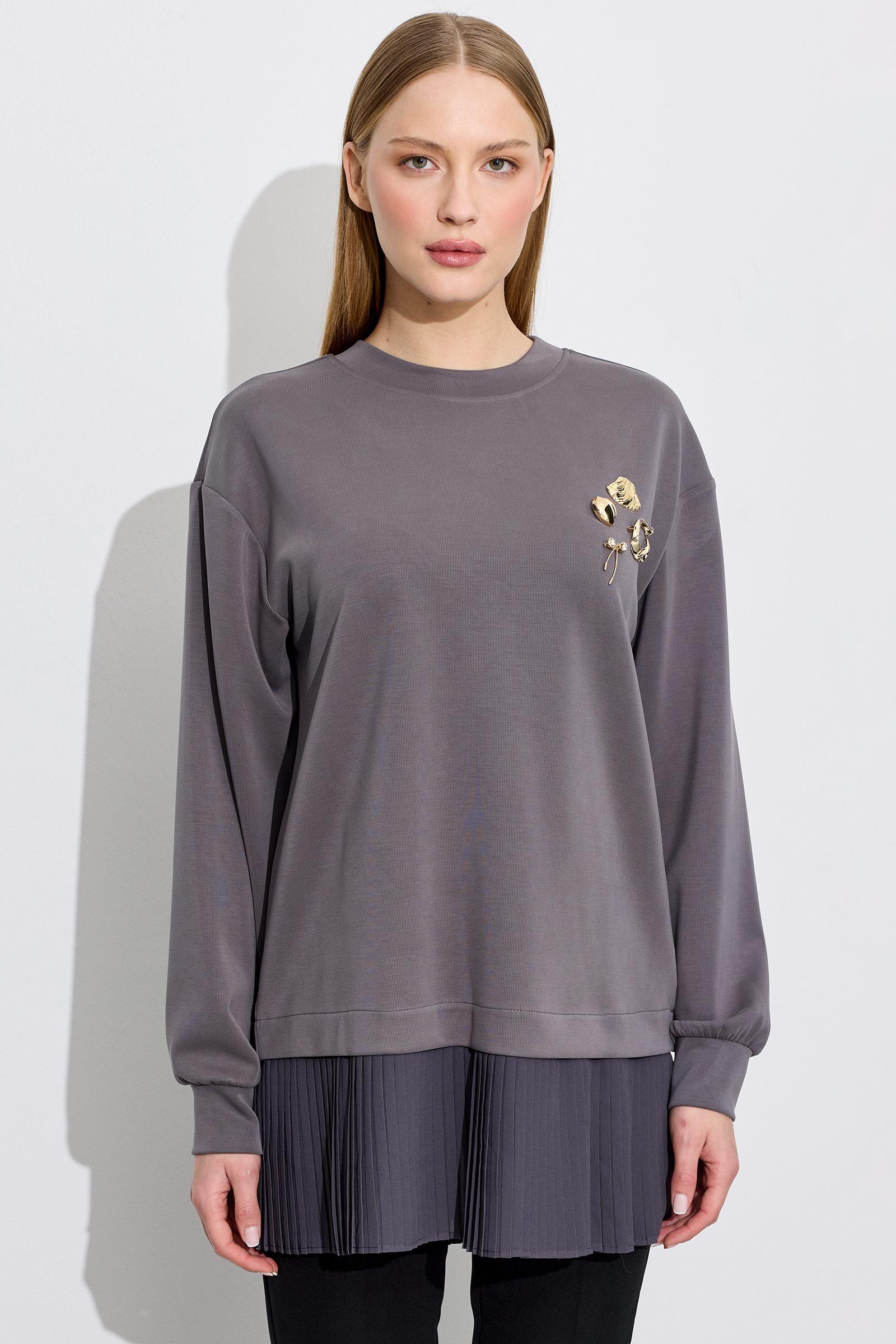 Plise Detaylı Aksesuarlı Tunik ANTRASİT