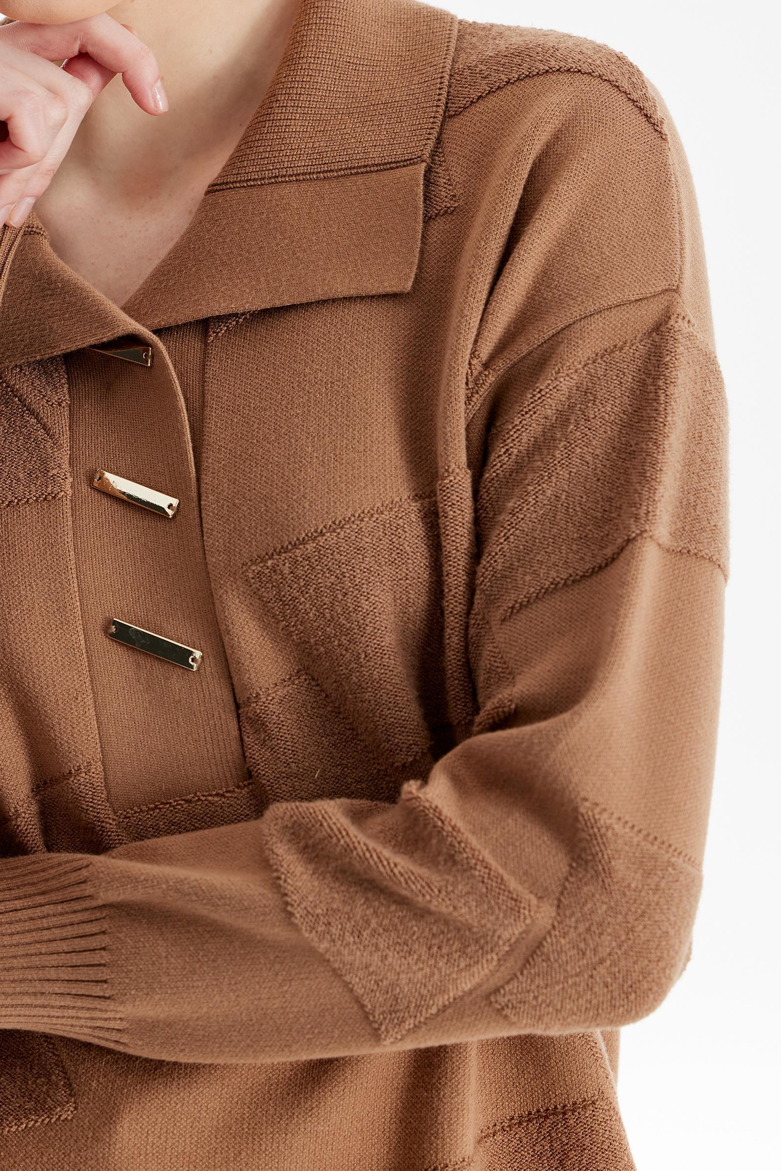 Polo Yakalı Kabartma Örgülü Triko Tunik CAMEL