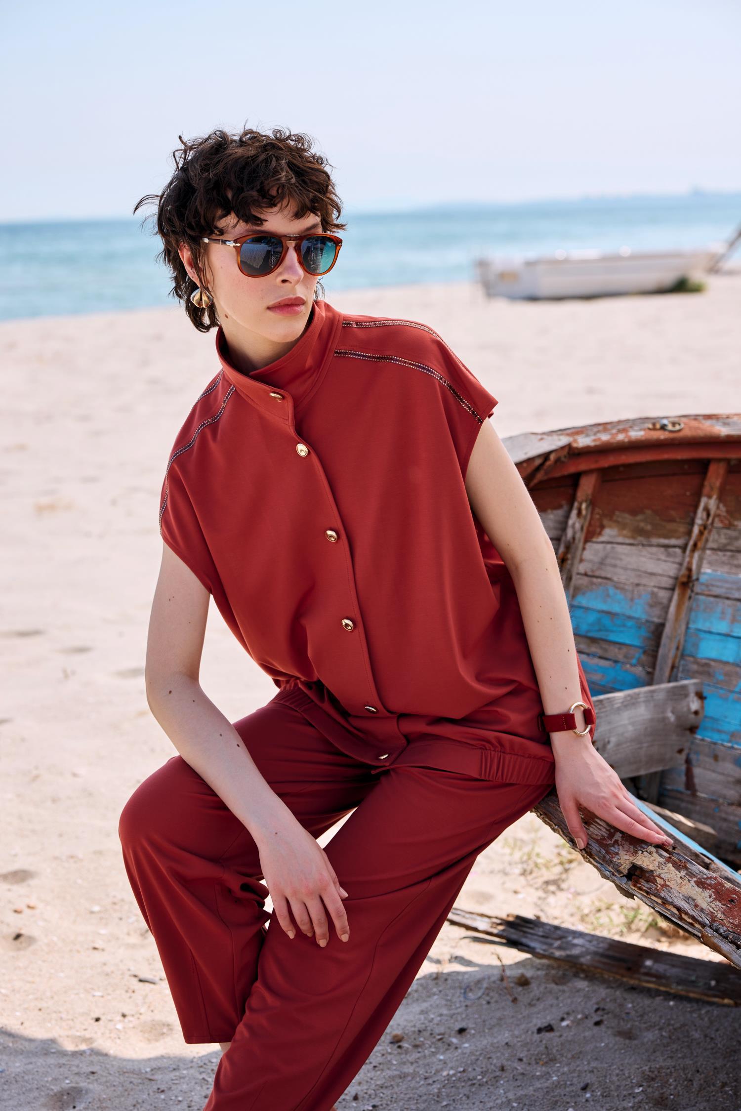 Pul şerit Detaylı Yelek Paça Pensli Pantolon Takım KİREMİT