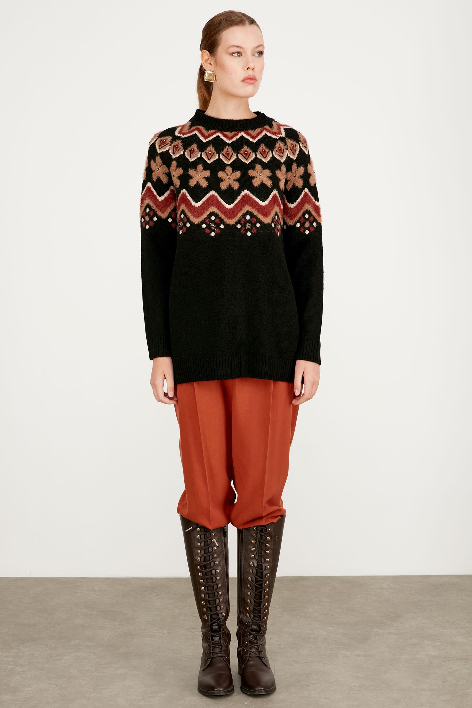 ROBASI DESEN DETAYLI İŞLEMELİ TRİKO TUNİK SİYAH