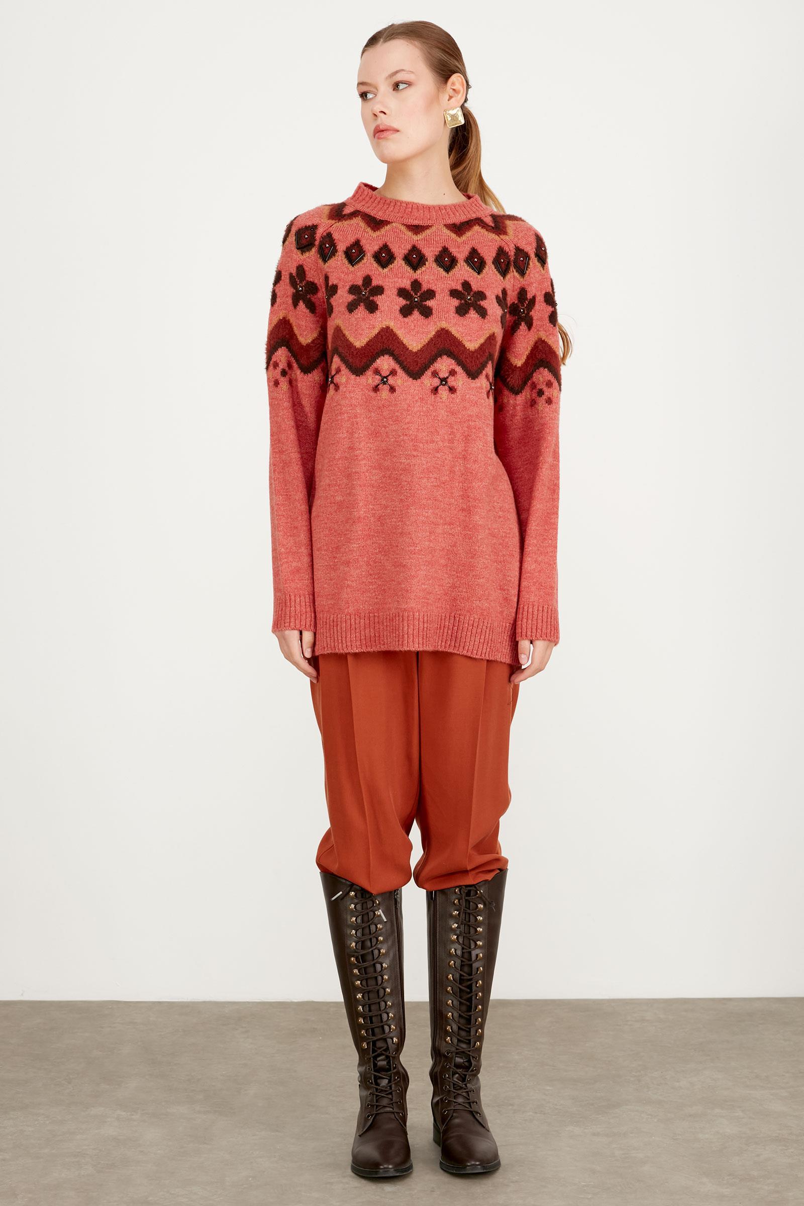 ROBASI DESEN DETAYLI İŞLEMELİ TRİKO TUNİK GÜL KURUSU