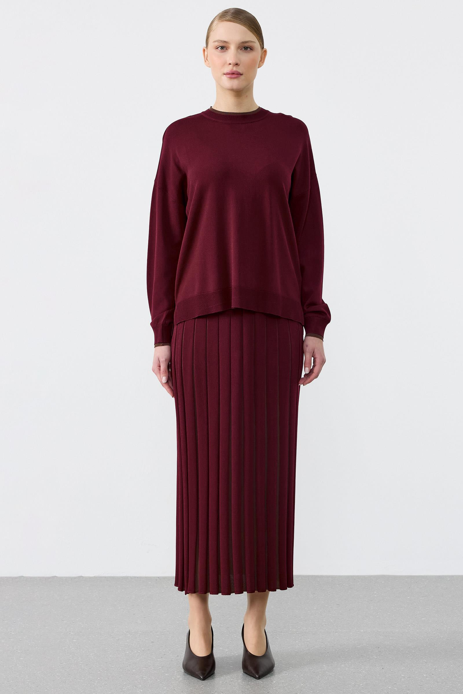 Renk Bloklu Etekli Bluz Rayon Takım BORDO
