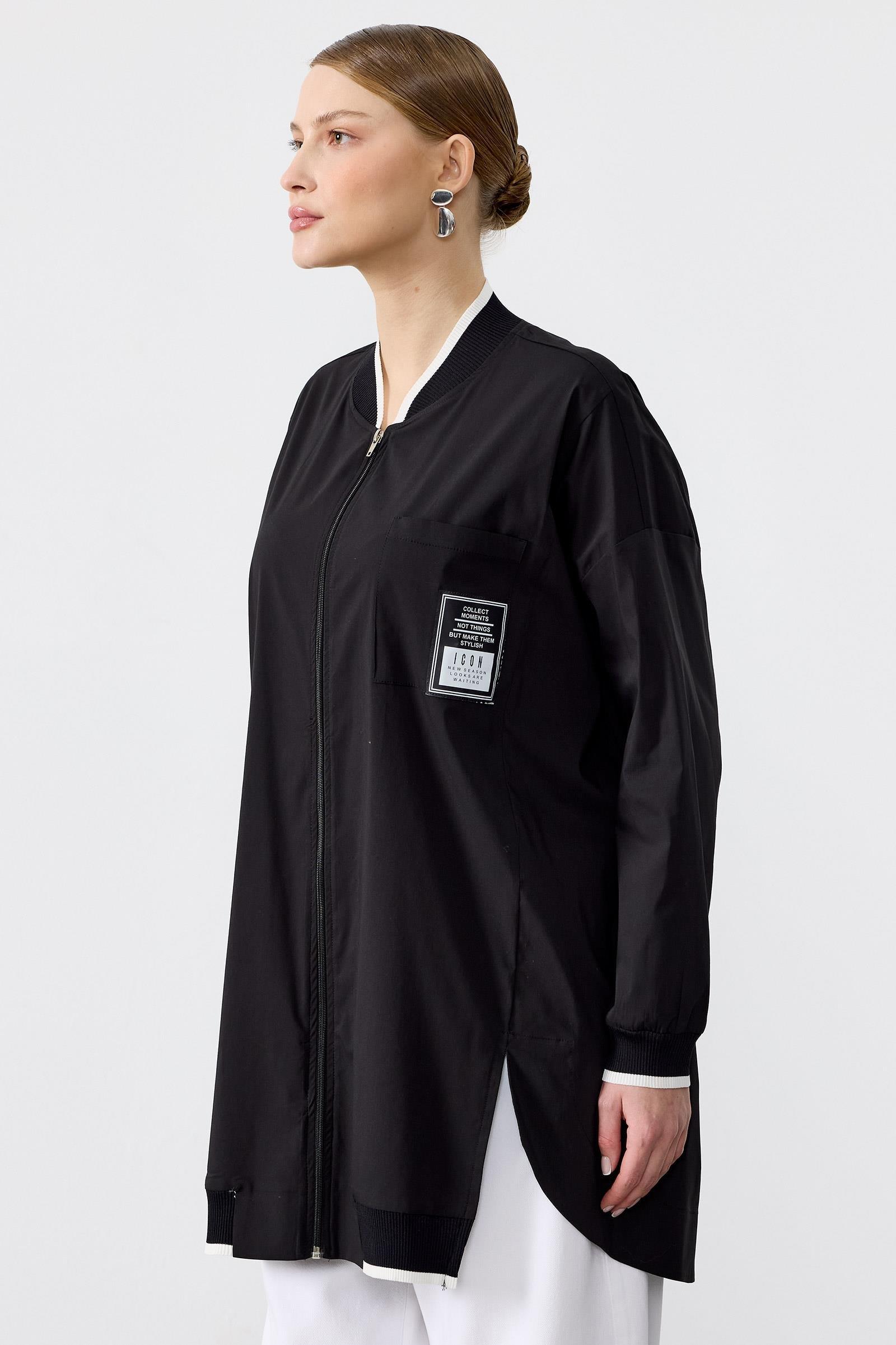 Ribanaları Çizgili Cebi Aksesuarlı Fermuarlı Gömlek SİYAH