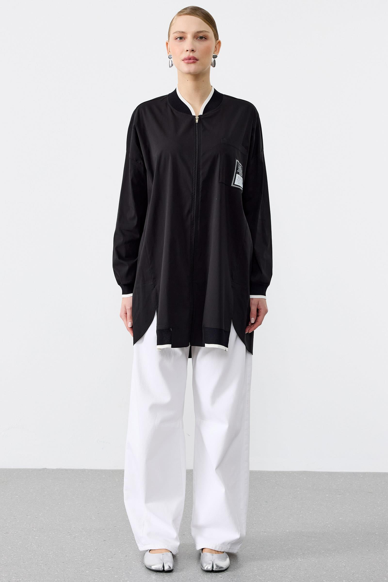 Ribanaları Çizgili Cebi Aksesuarlı Fermuarlı Gömlek SİYAH