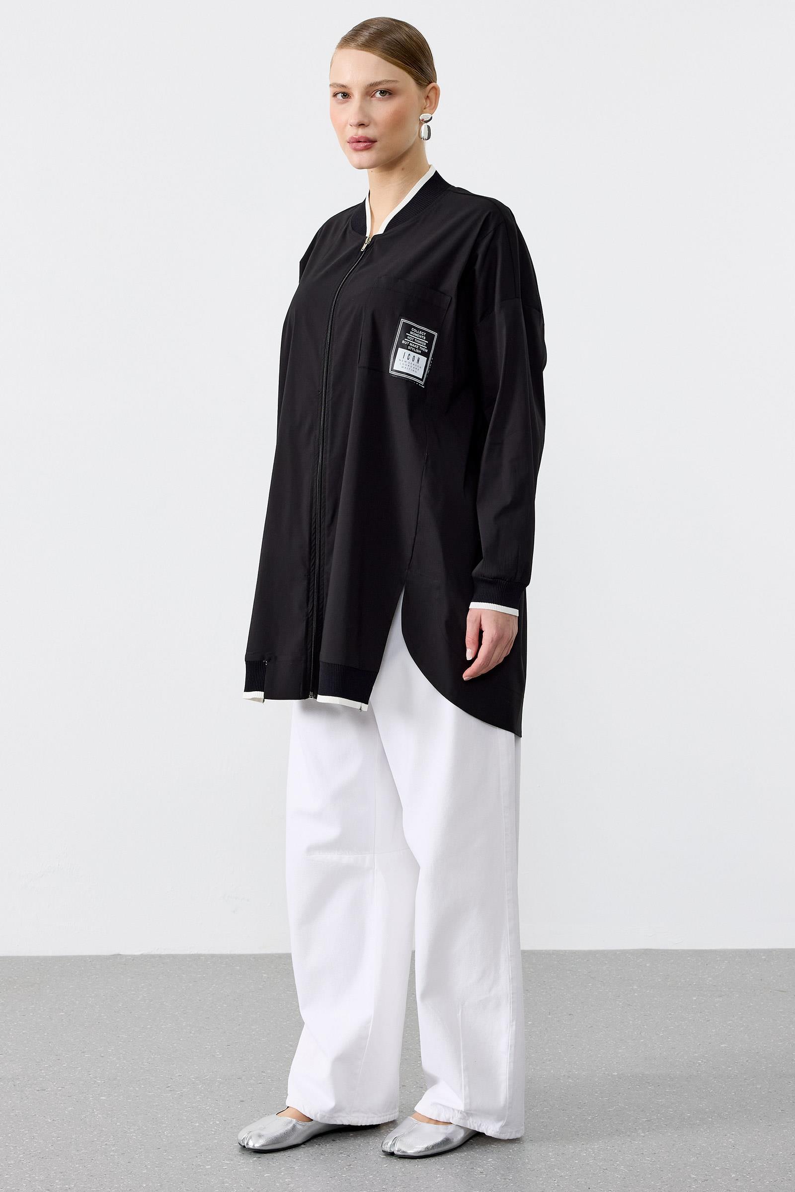 Ribanaları Çizgili Cebi Aksesuarlı Fermuarlı Gömlek SİYAH