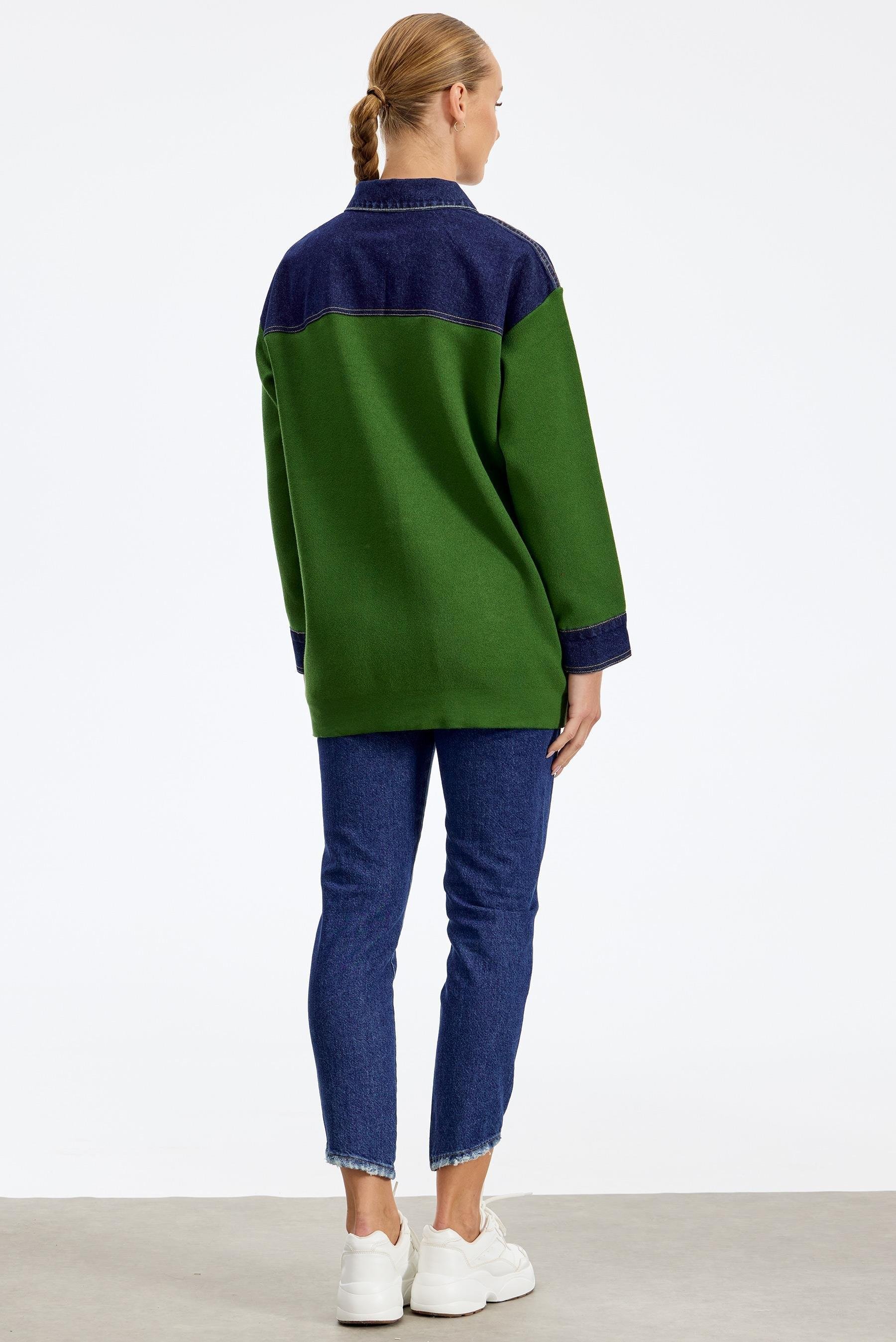 Robası Kot Detaylı Taşlı Ceket YEŞİL