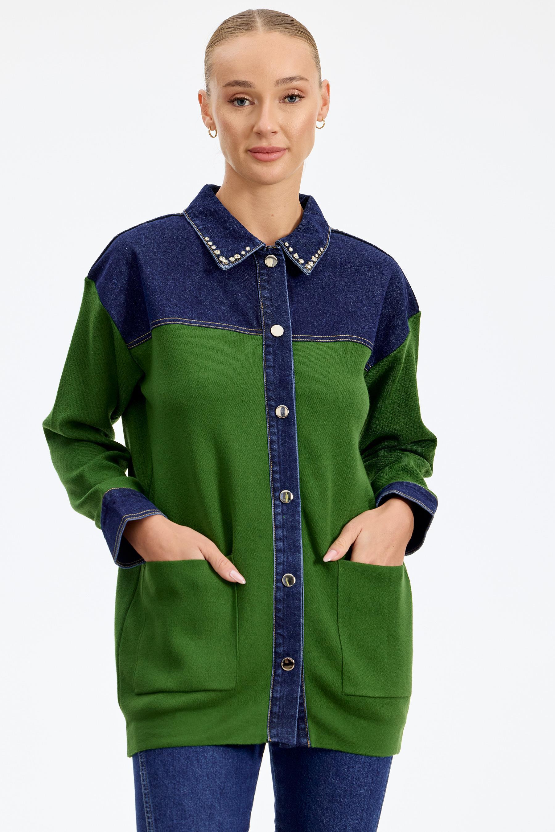 Robası Kot Detaylı Taşlı Ceket YEŞİL