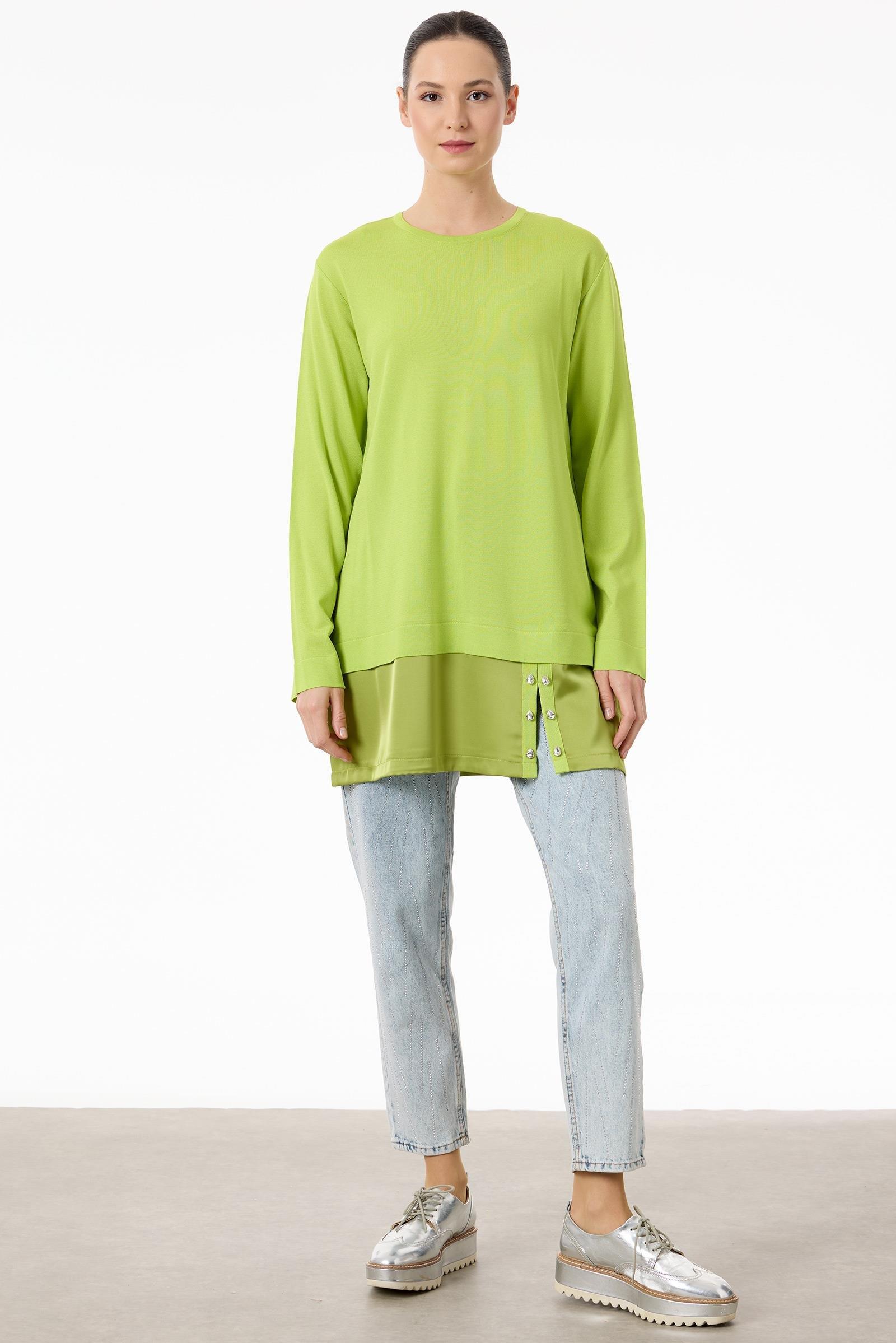 Saten Kumaş Detaylı Triko  Tunik NEON SARI-36