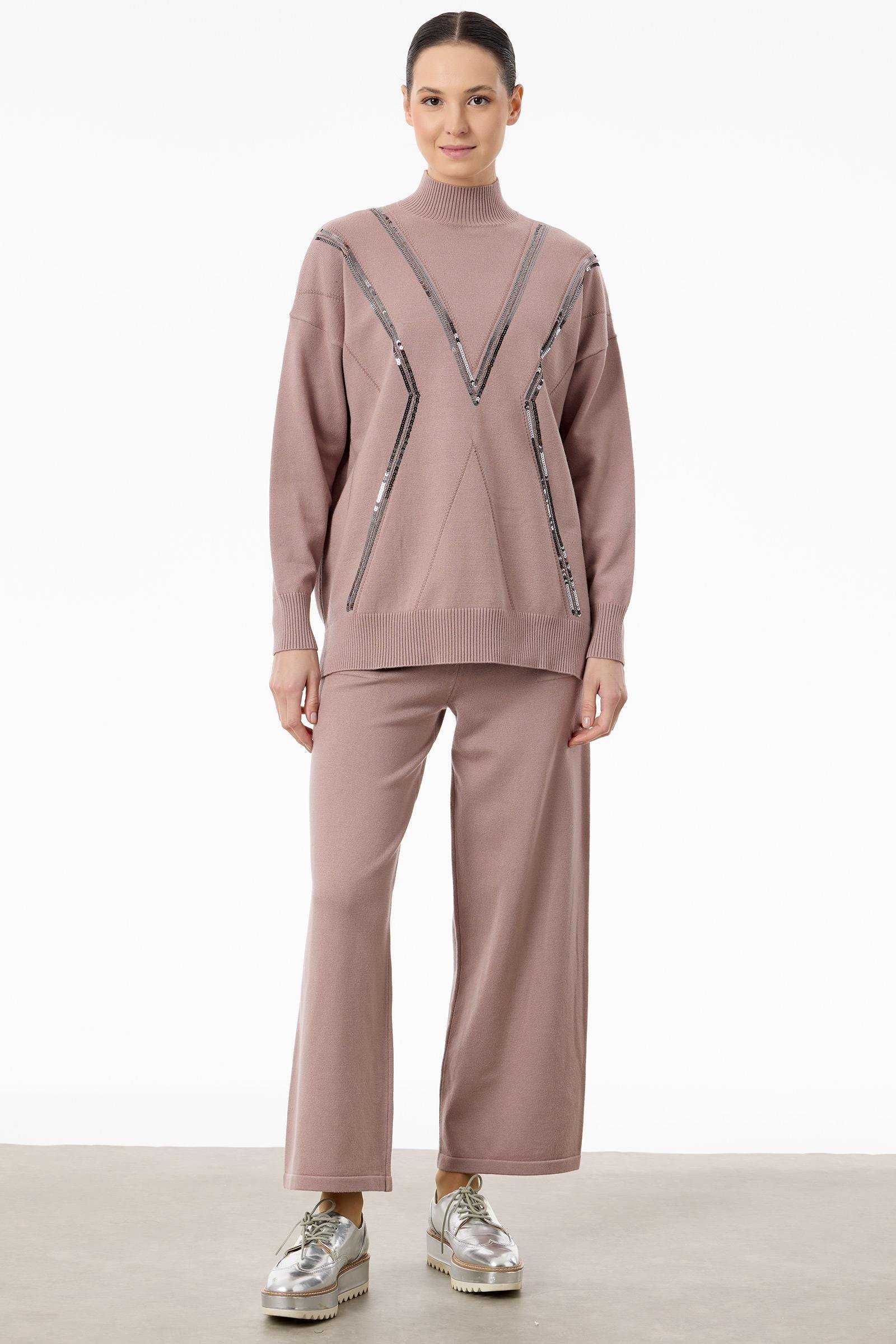 Şerit Payet Detaylı Pantolonlu Triko takım HAKİ