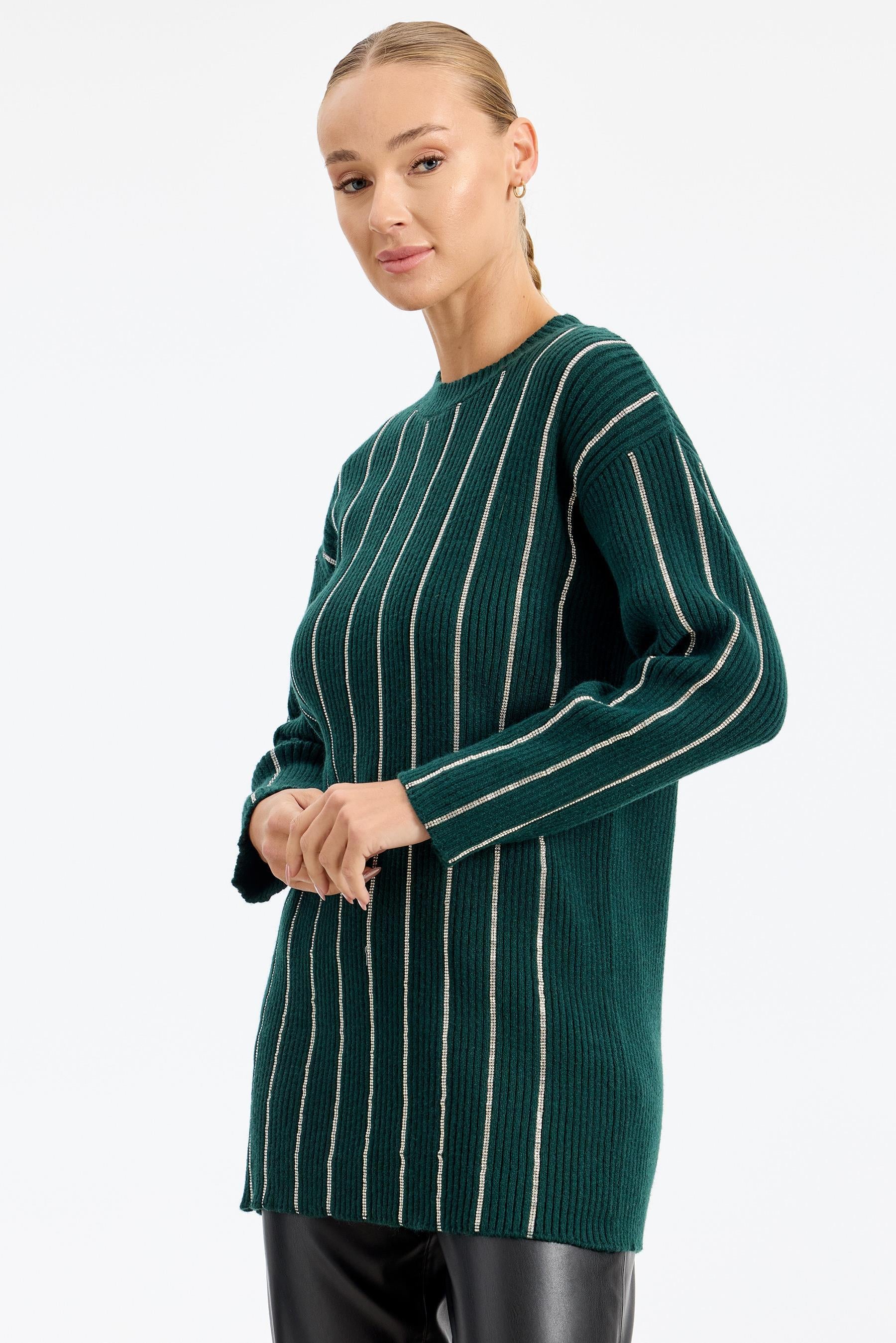 Şerit Taş Yapıştırmalı Fitilli Tunik ZÜMRÜT