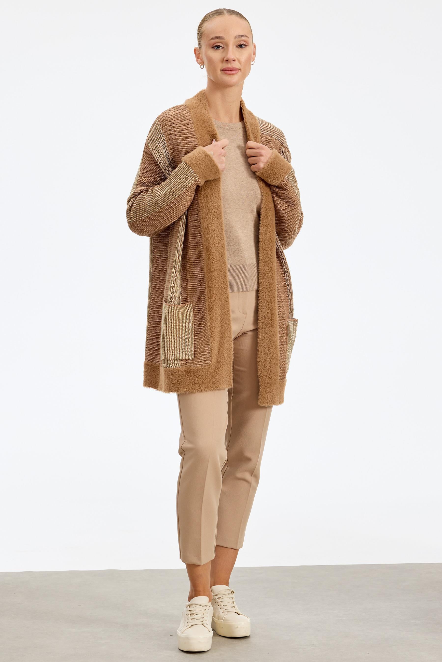 Sim ip Detaylı Triko Hırka CAMEL GOLD