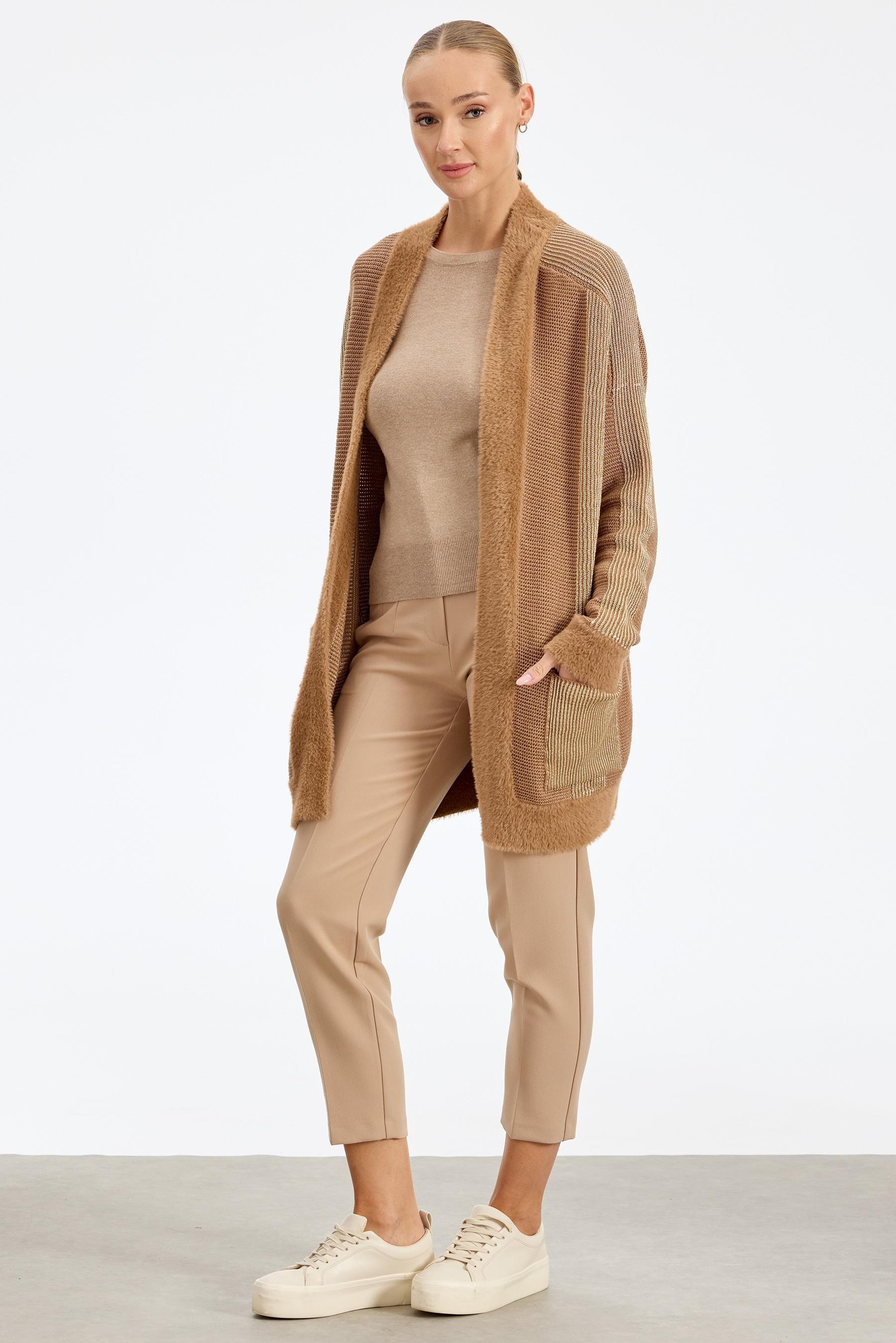 Sim ip Detaylı Triko Hırka CAMEL GOLD