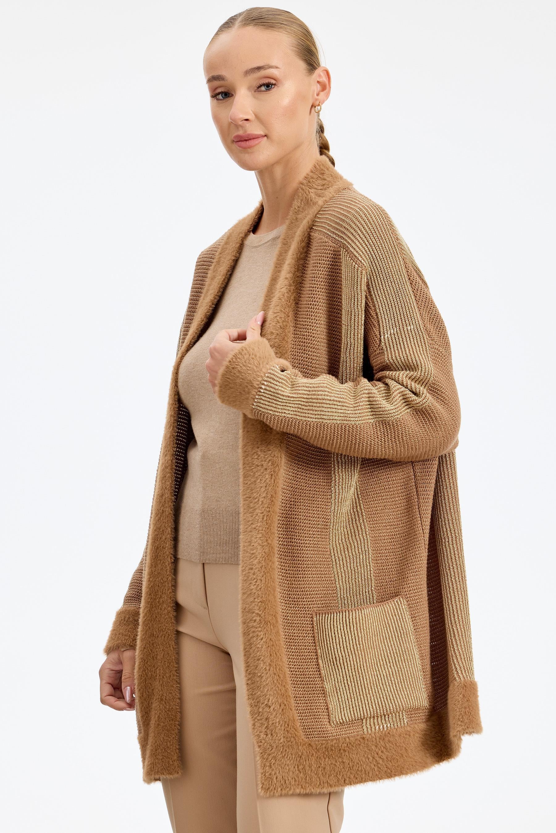 Sim ip Detaylı Triko Hırka CAMEL GOLD