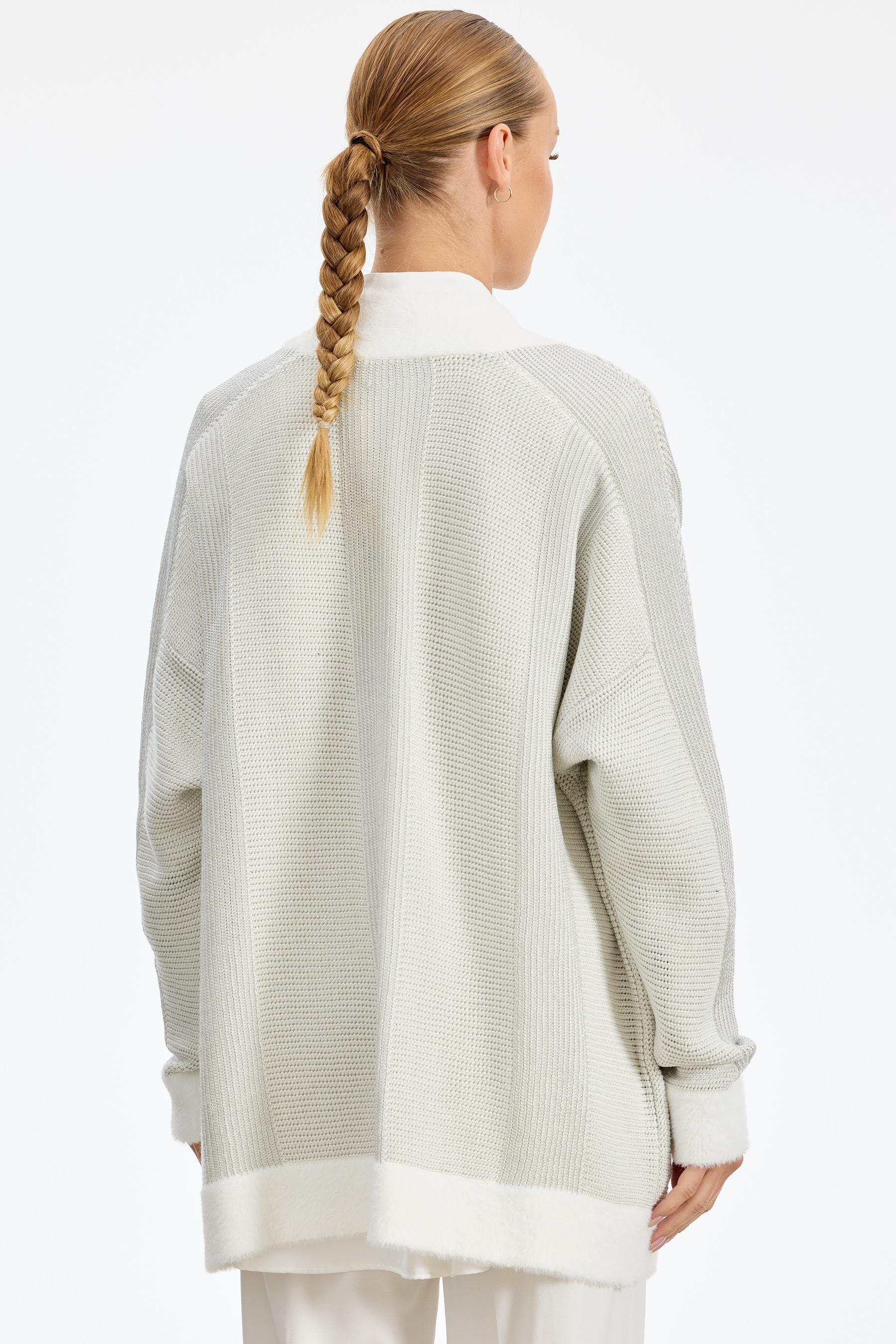 Sim ip Detaylı Triko Hırka EKRU-GÜMÜŞ