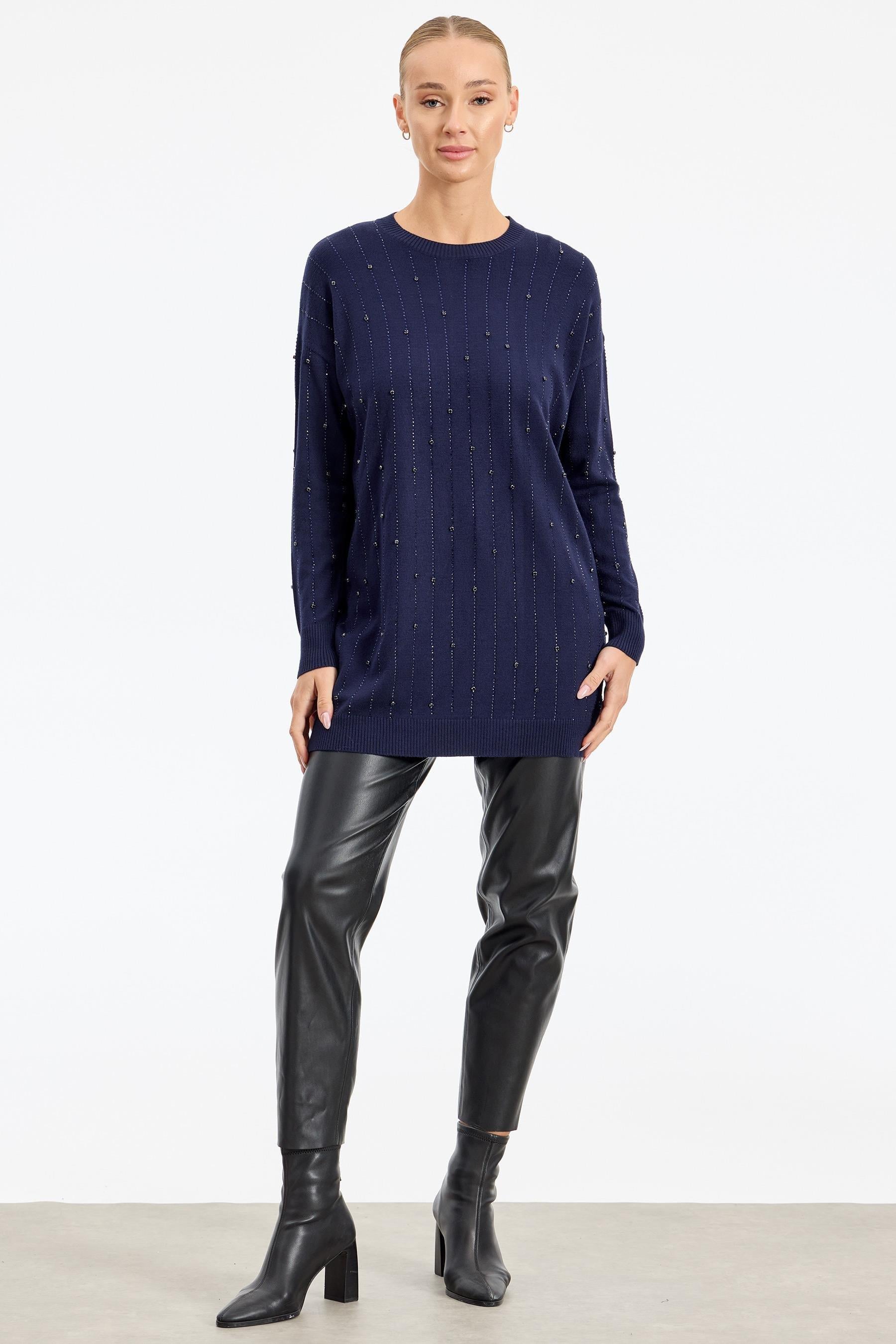 Suyolu Taş Baskılı Triko Tunik LACİVERT