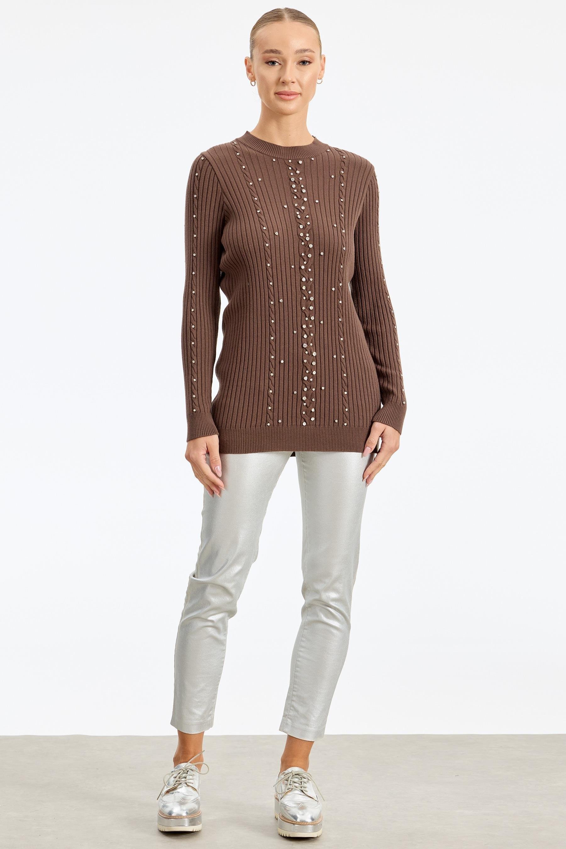 Taş Detaylı Saç Örgülü Tunik KAHVE