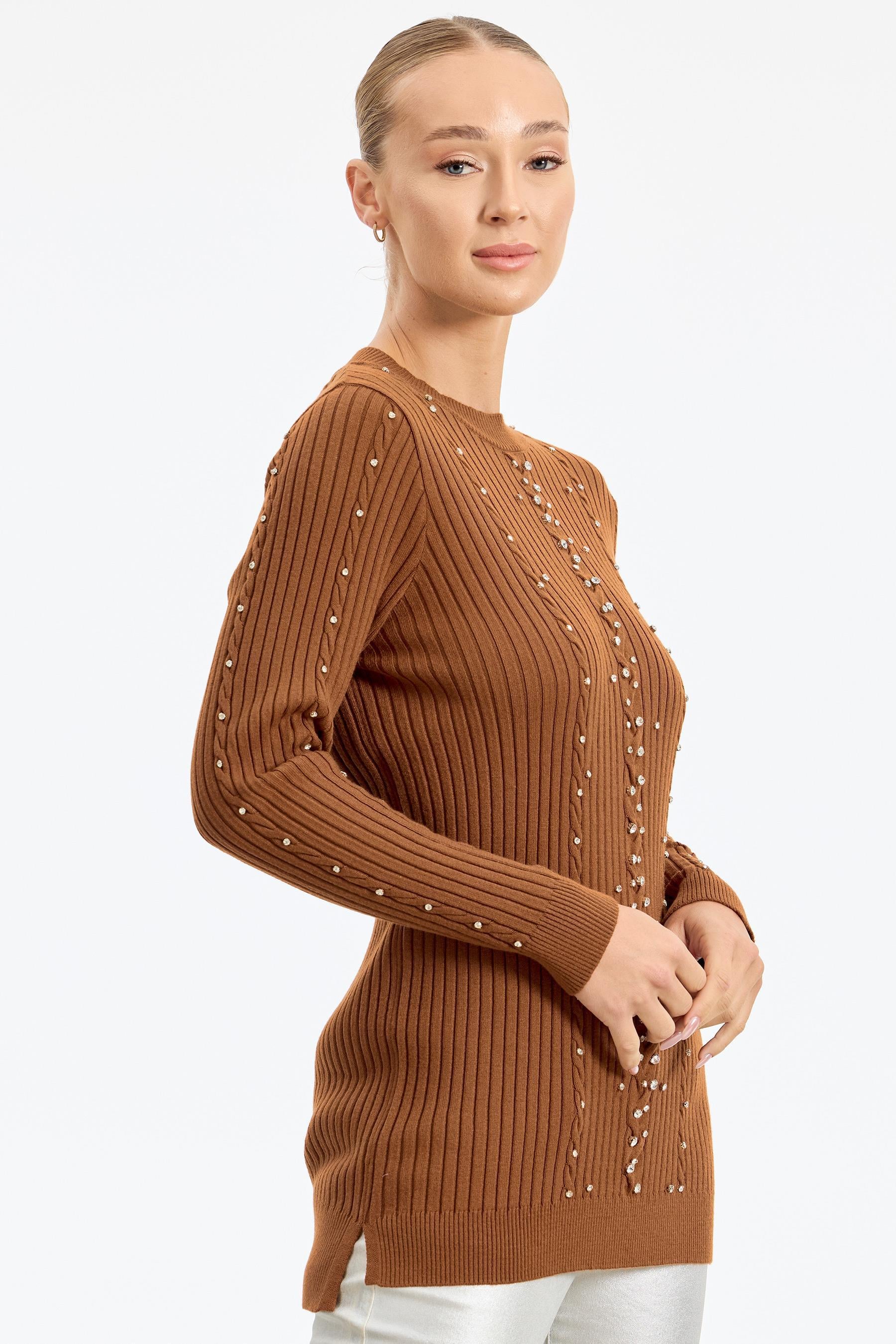 Taş Detaylı Saç Örgülü Tunik KİREMİT