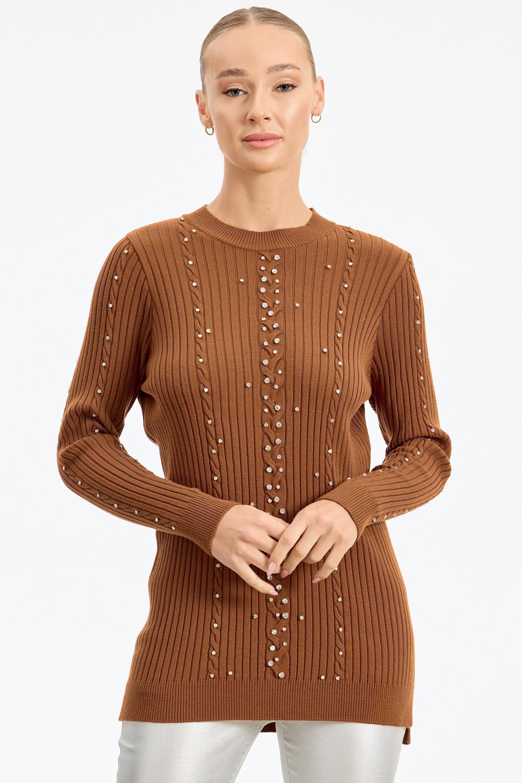 Taş Detaylı Saç Örgülü Tunik KİREMİT