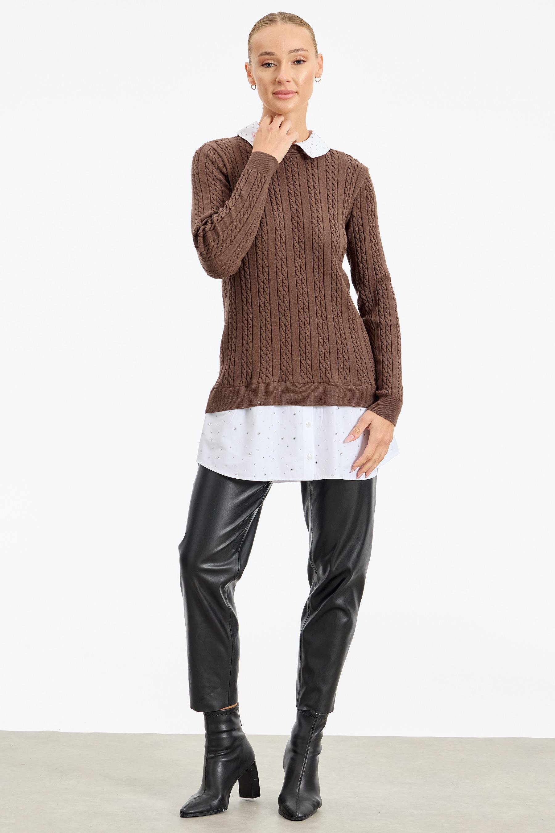 Taş Gömlek Detaylı Tunik KAHVE