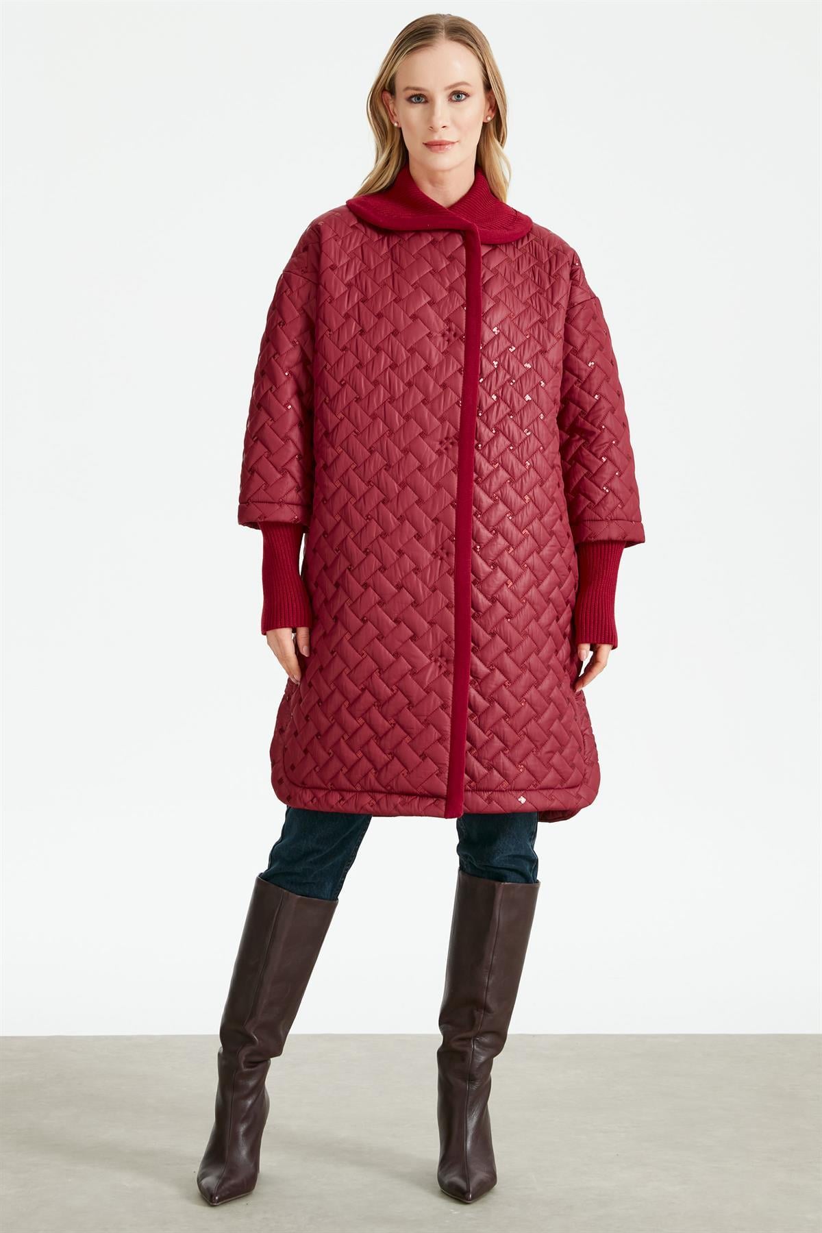 Triko Garnili Pullu Kapitone Hırka BORDO